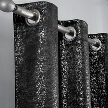 Load image into Gallery viewer, Black lurex curtains with silver rings on a gray background