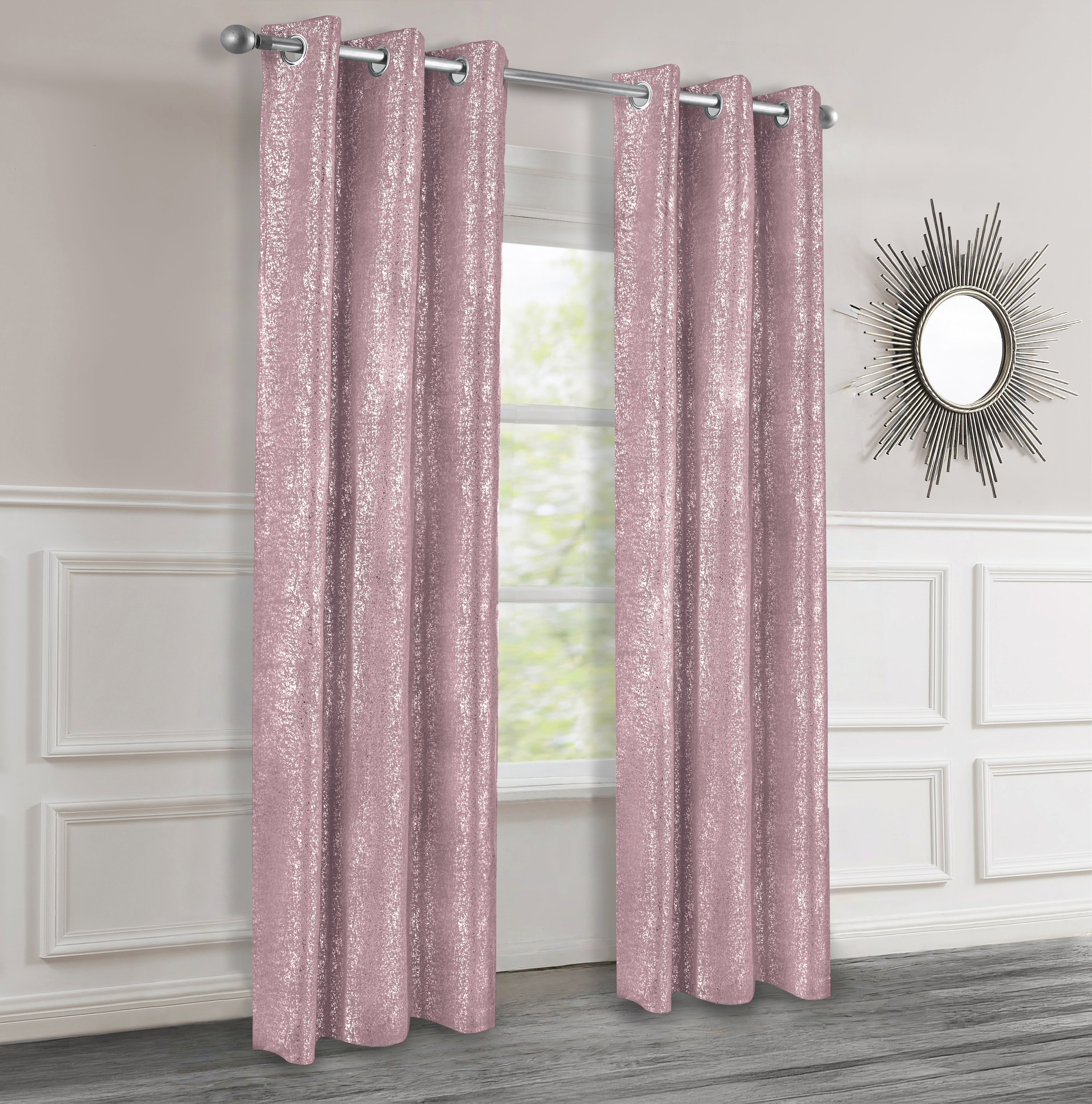 Pink textured curtains with silver lurex hanging in a room with a mirror on the wall.