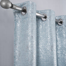 Load image into Gallery viewer, Baby Blue Glittery curtain with silver grommets on a gray background