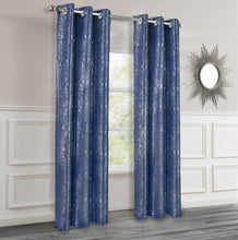 Load image into Gallery viewer, Navy Blue textured curtains with silver lurex hanging in a room with a mirror on the wall.