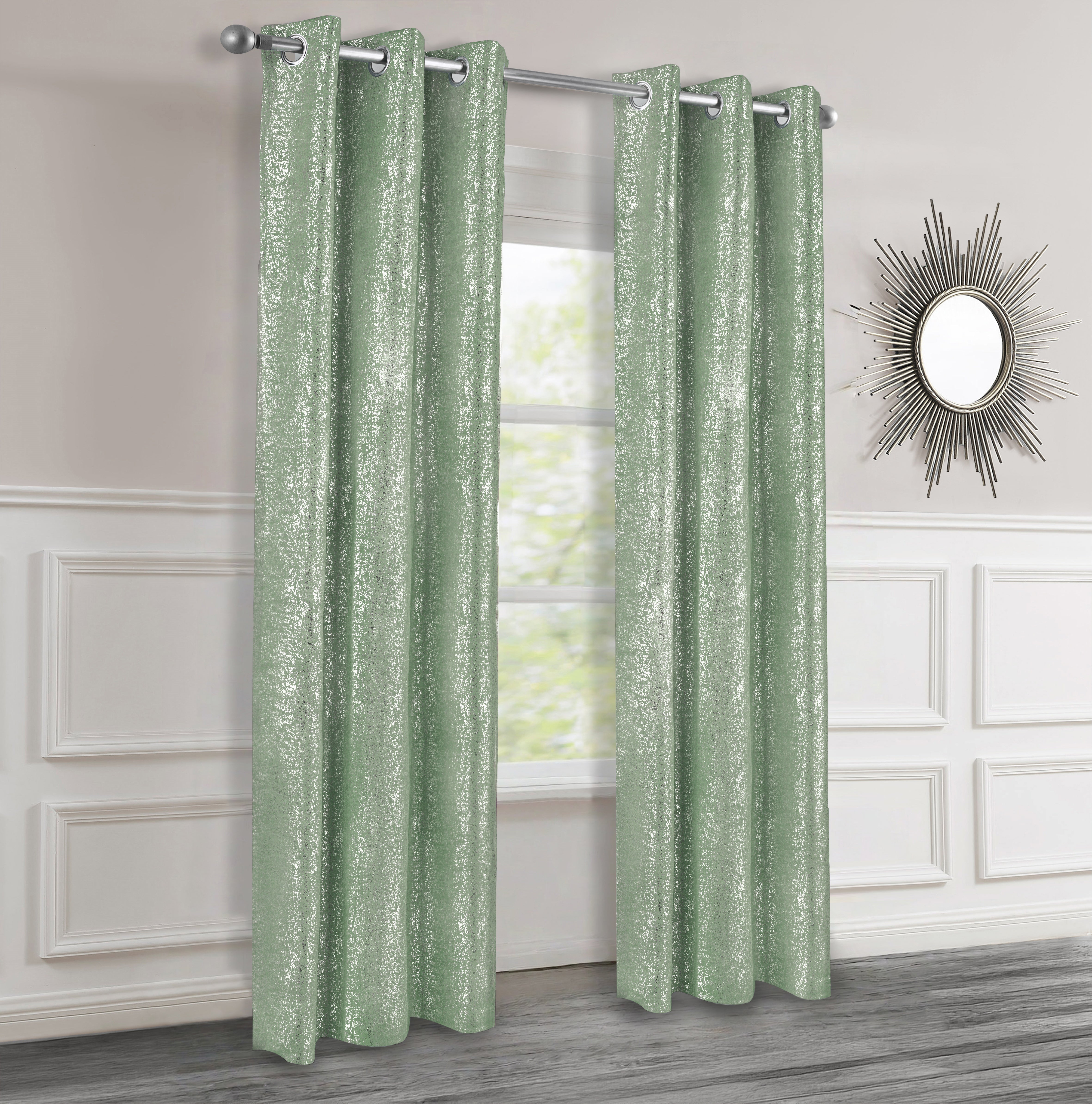 Sage Green textured curtains with silver lurex hanging in a room with a mirror on the wall.