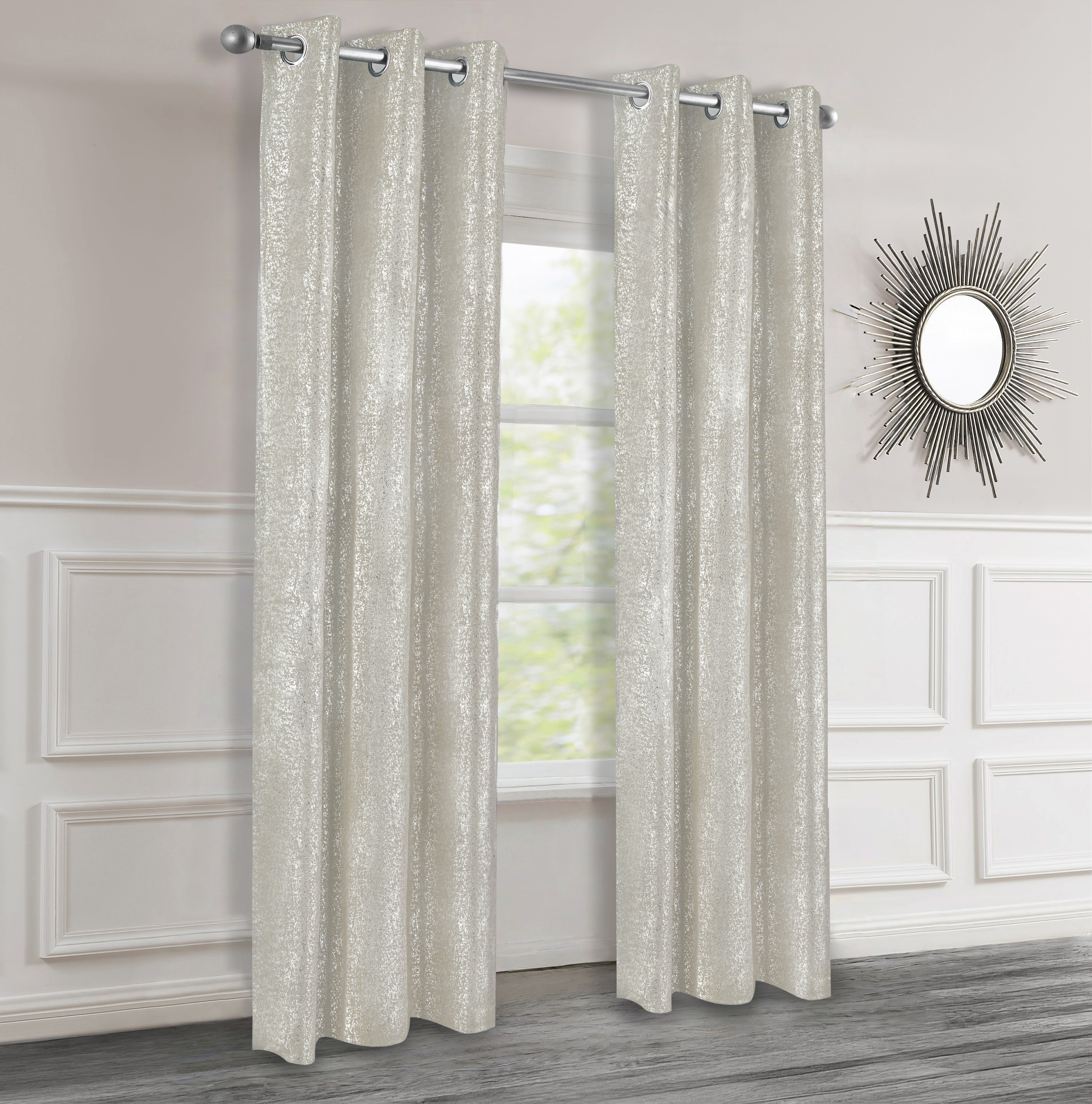 Beige textured curtains with silver lurex hanging in a room with a mirror on the wall.
