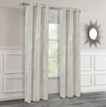 Load image into Gallery viewer, Beige textured curtains with silver lurex hanging in a room with a mirror on the wall.