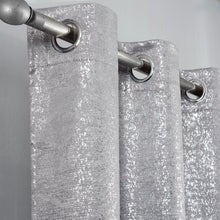 Load image into Gallery viewer, Silver Glittery curtain with silver grommets on a gray background