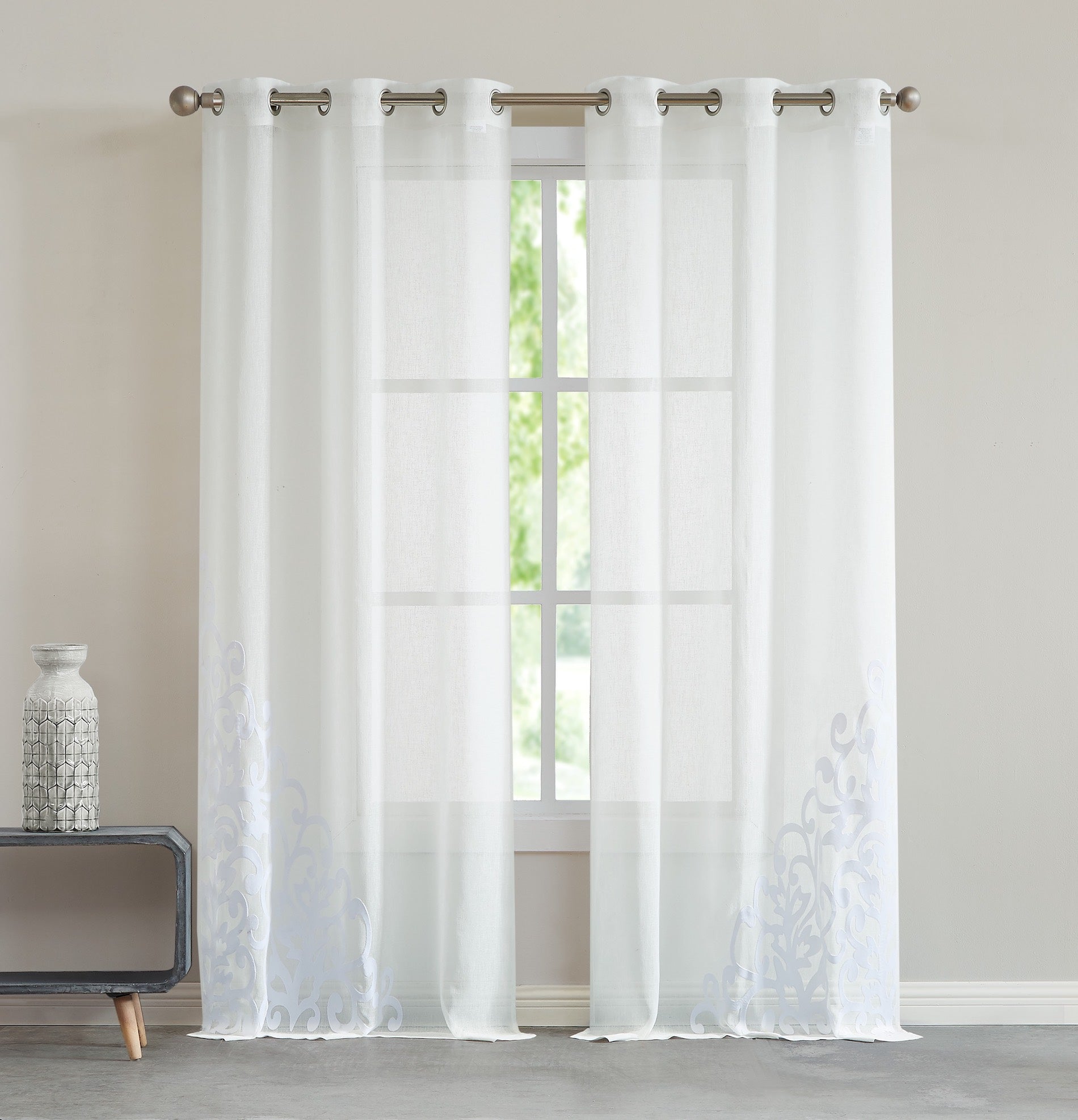 Dainty Home Natalie Boho 3D Velvet Scroll Design Appliqué Linen Look Light Filtering Grommet Panel Pair