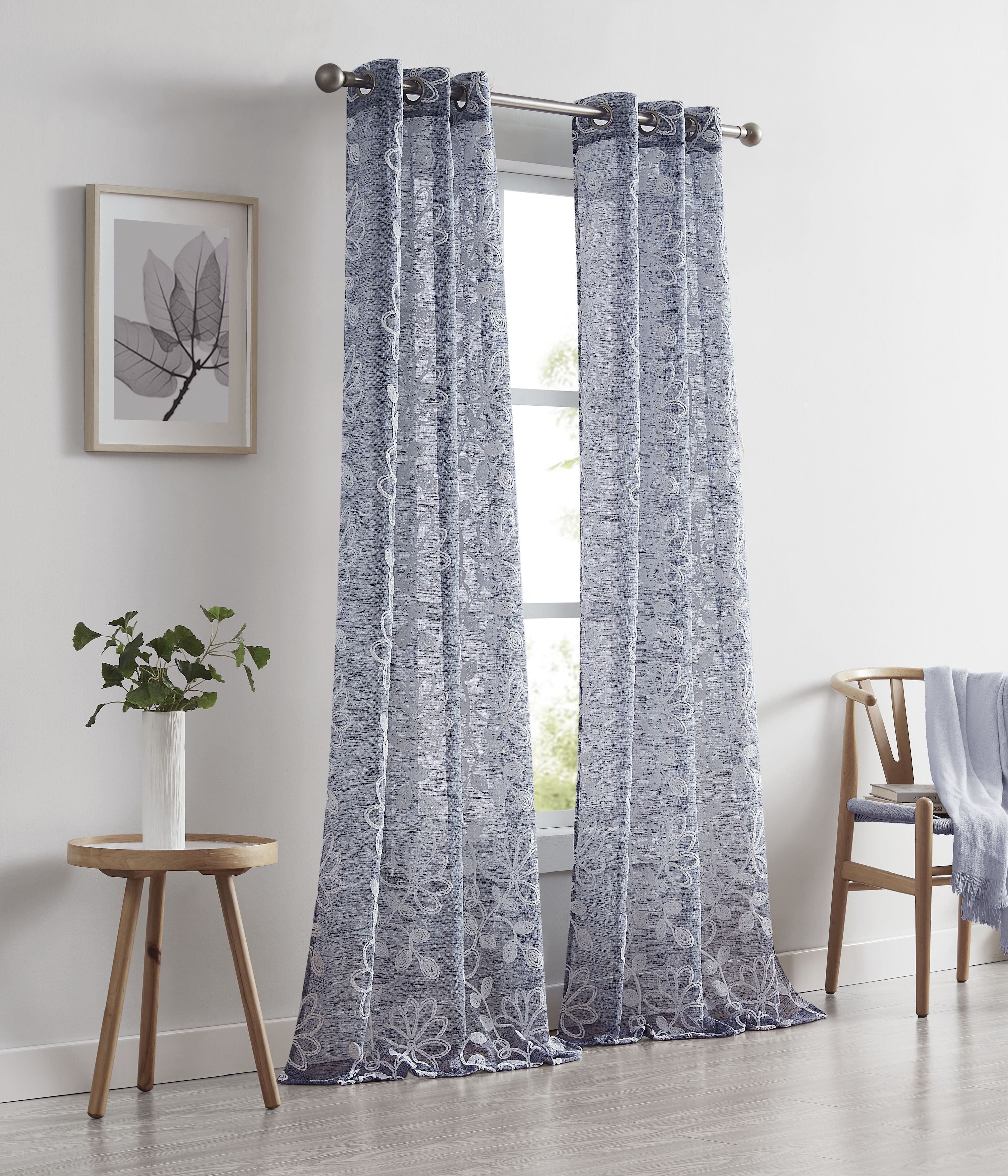 Dainty Home Rita Linen Look Boho Solid Fabric With 3D Floral Chenille Embroidery Light Filtering Grommet Panel Pair
