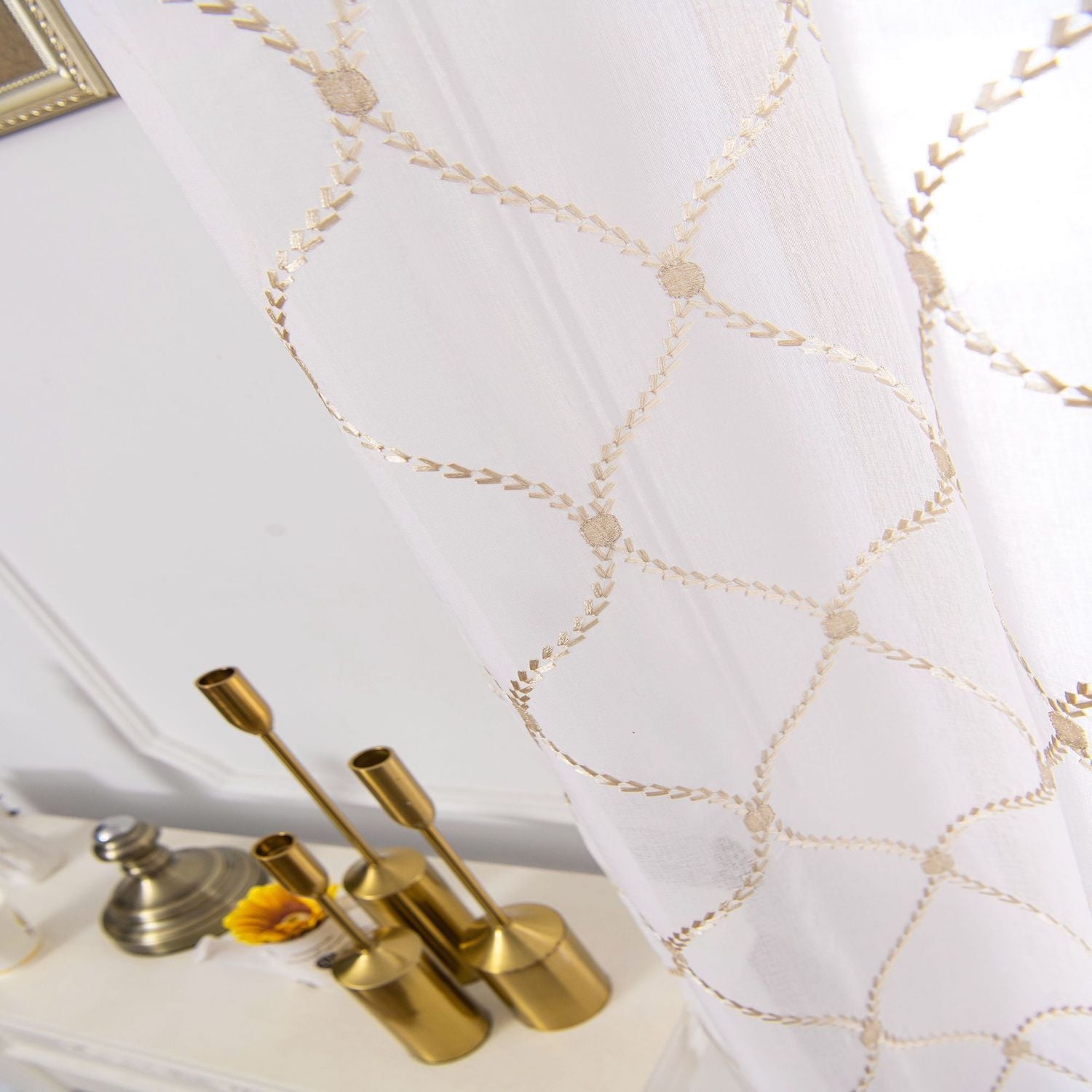 Dainty Home Charisma Geometric Lurex Lace Design Textured Linen Look Light Filtering Grommet Panel Pair