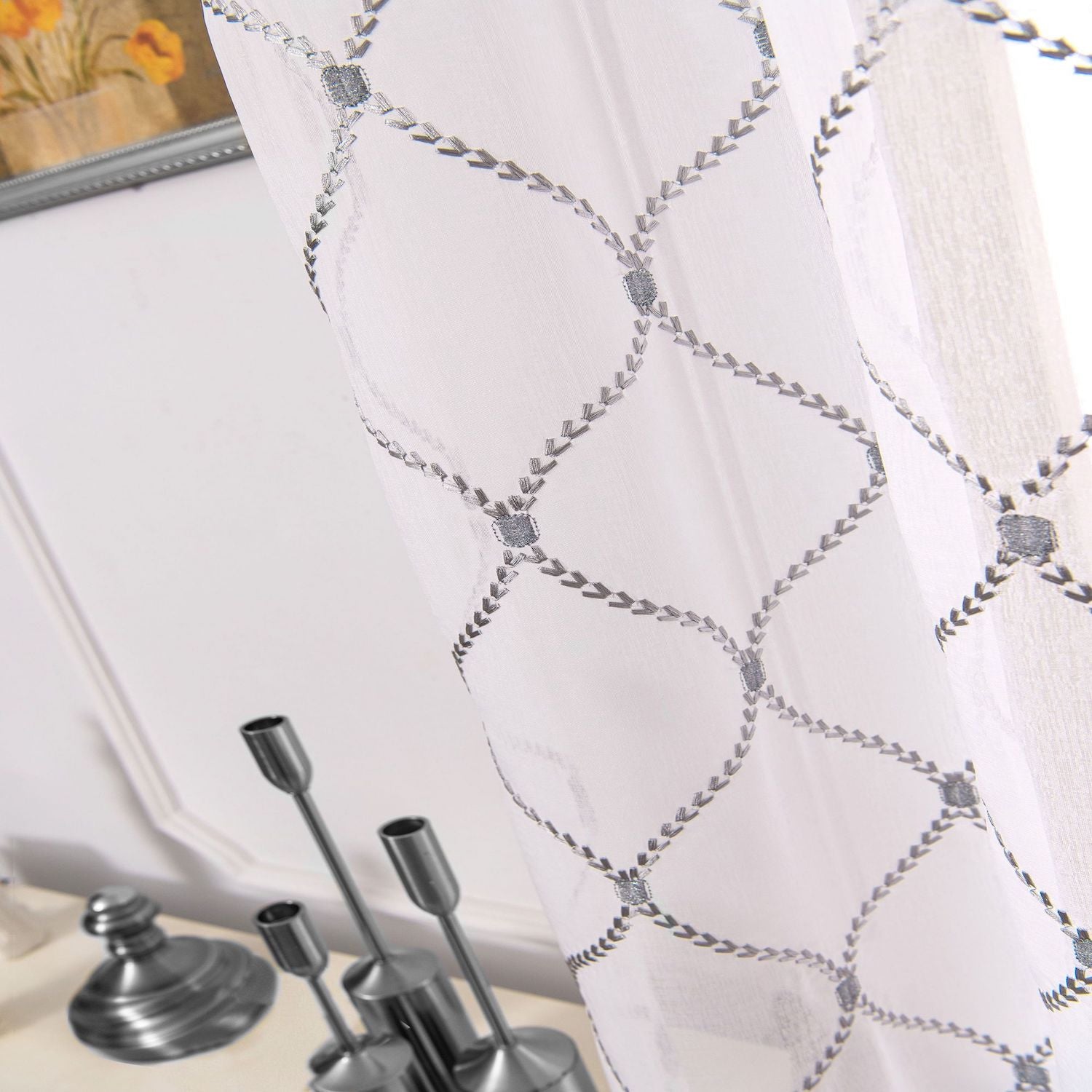 Dainty Home Charisma Geometric Lurex Lace Design Textured Linen Look Light Filtering Grommet Panel Pair