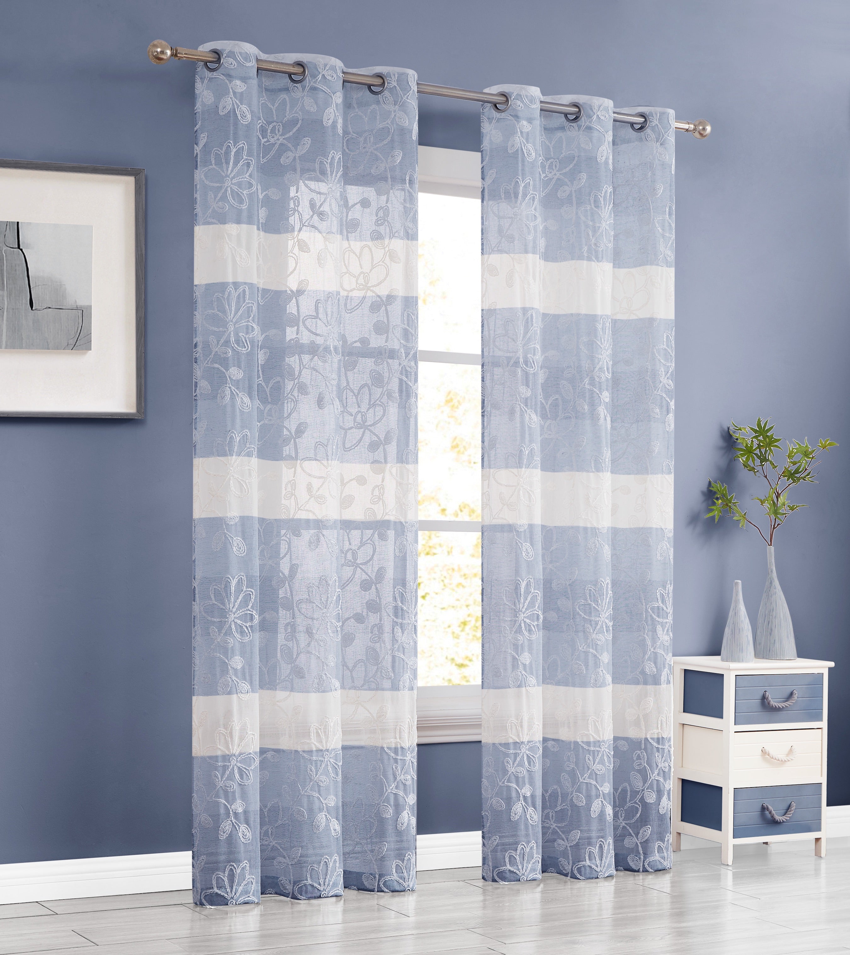 Dainty Home Caroline Boho Ombre Striped Gradient Fabric With 3D Floral Chenille Embroidered Linen Look Light Filtering Grommet Panel Pair
