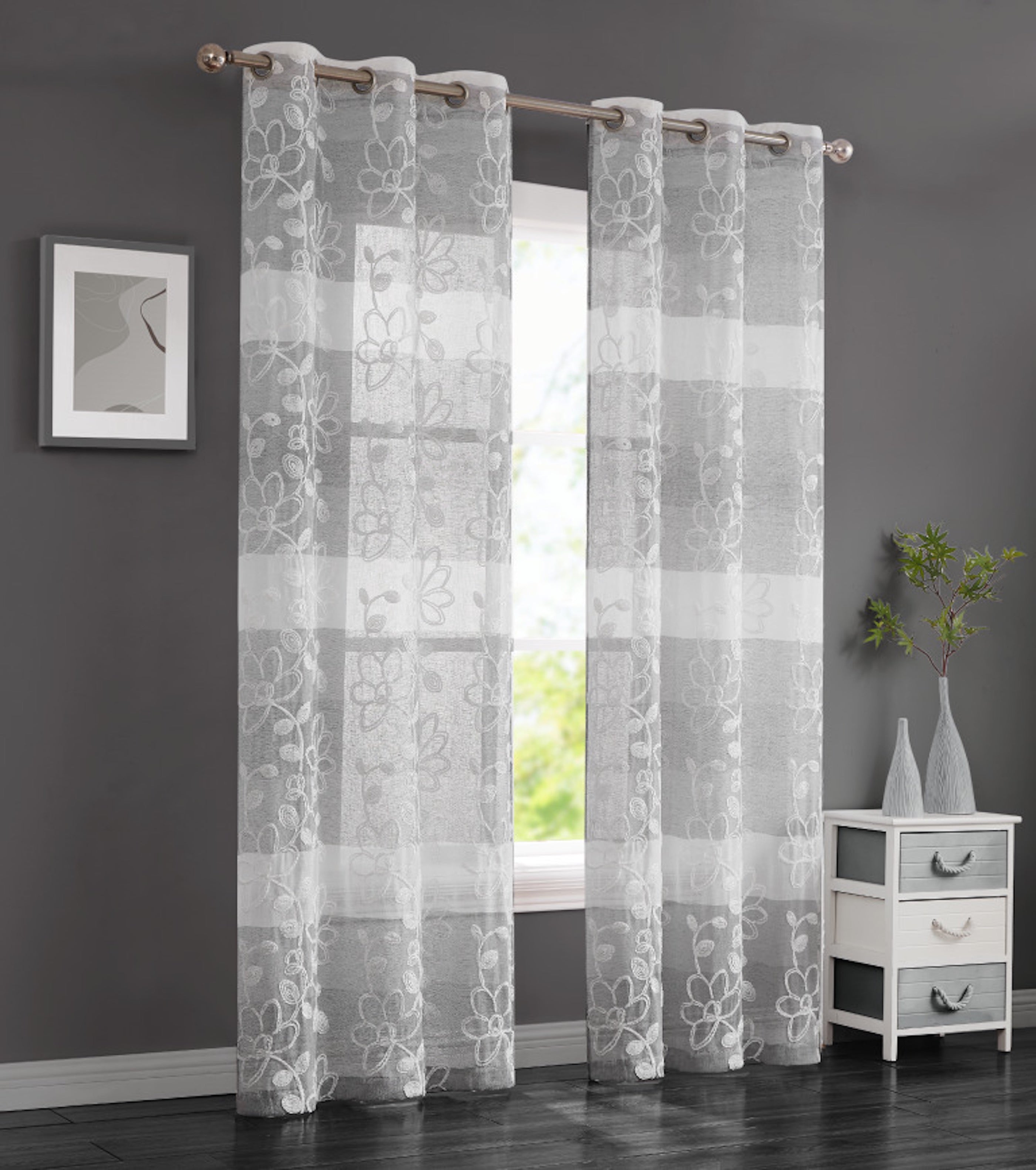 Dainty Home Caroline Boho Ombre Striped Gradient Fabric With 3D Floral Chenille Embroidered Linen Look Light Filtering Grommet Panel Pair