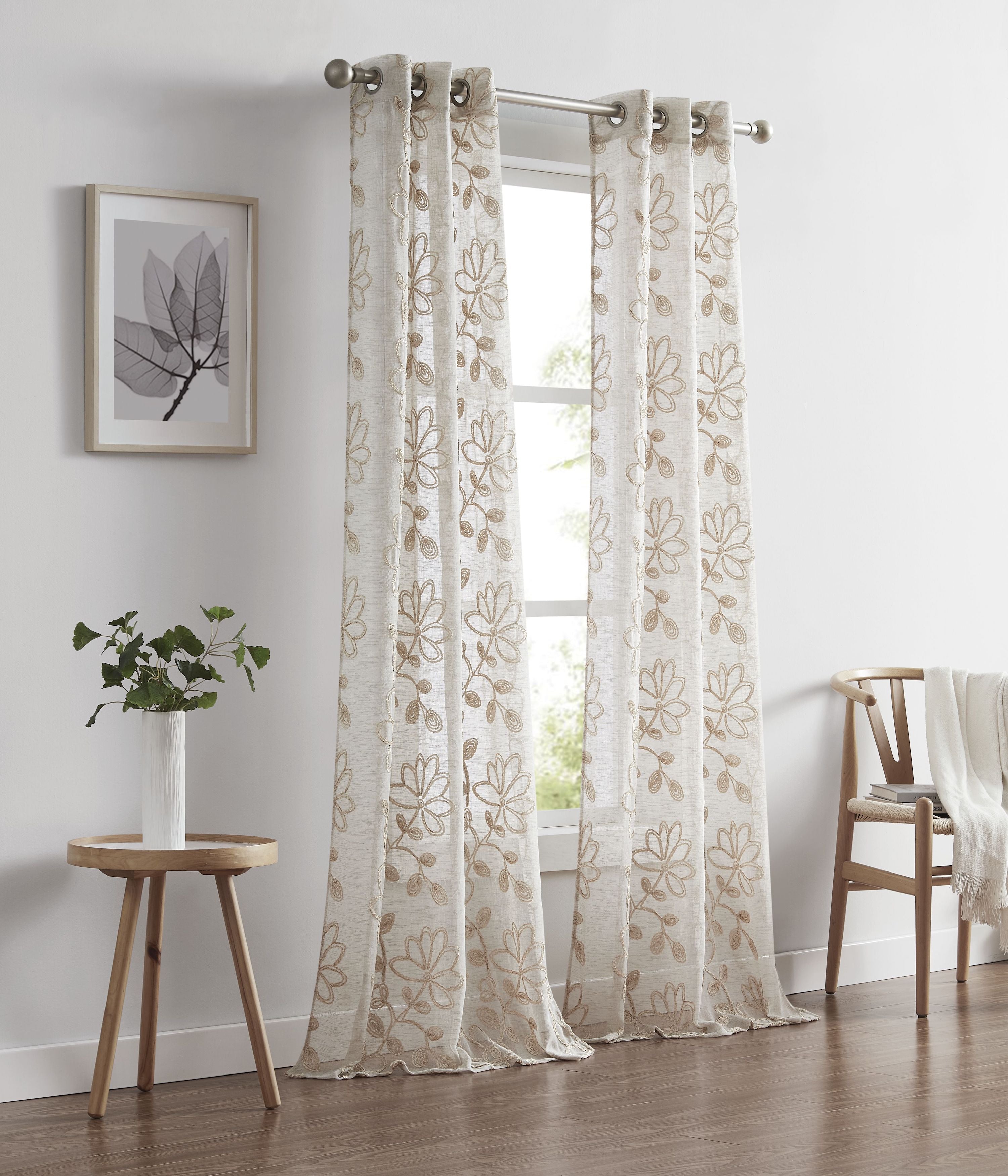 Dainty Home Rita Linen Look Boho Solid Fabric With 3D Floral Chenille Embroidery Light Filtering Grommet Panel Pair