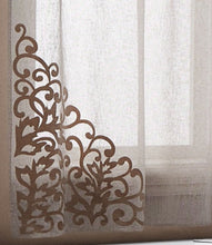 Load image into Gallery viewer, Dainty Home Natalie Boho Linen Look Fabric With 3D Applique Velvet Scroll Designed Kitchen Curtain Set, 1 Valance 52" x 18" and 2 Tiers 26" x 36"