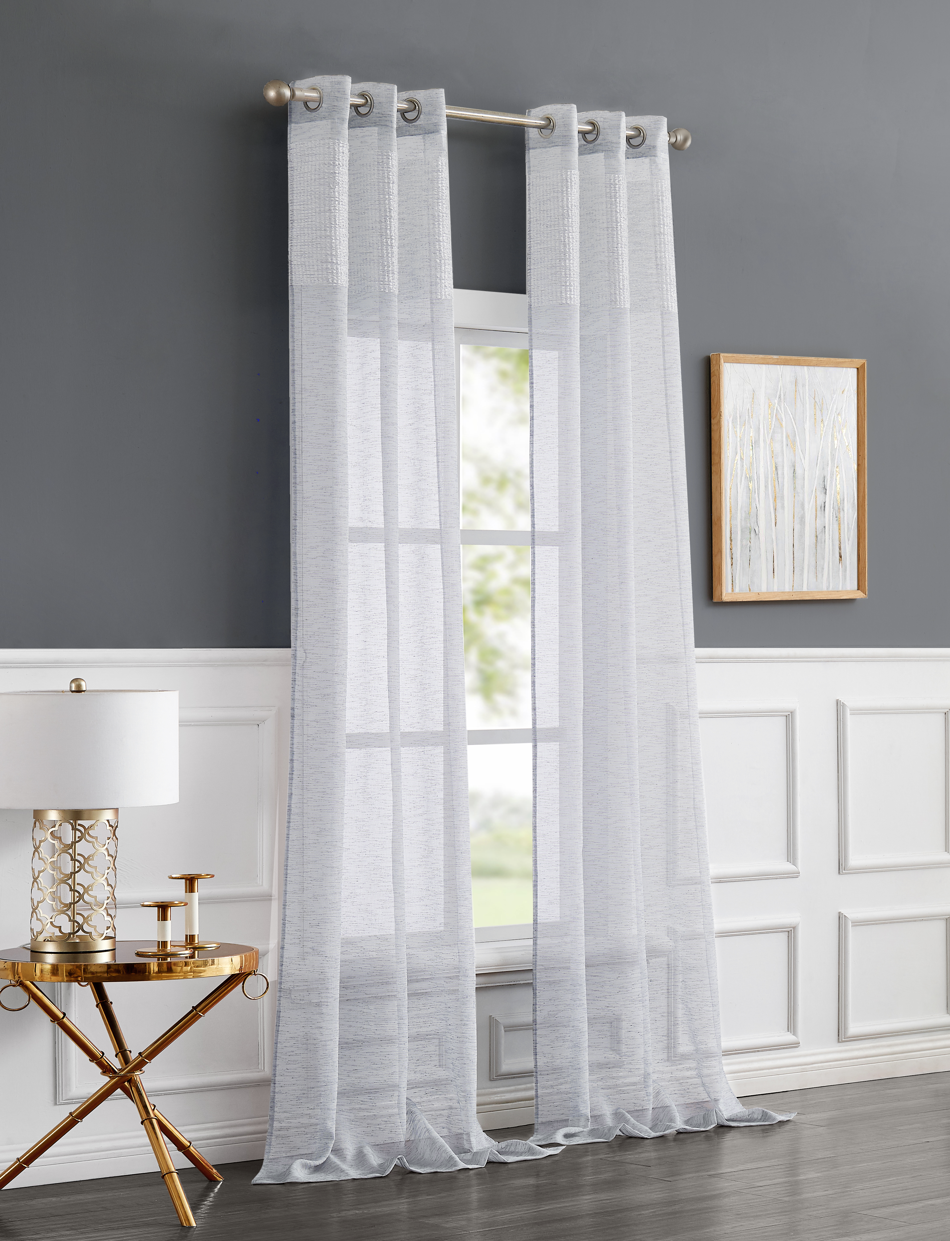 Dainty Home Sarah  Boho 3D Chenille Embroidered Microstripes Design Linen Look Light Filtering Grommet Panel Pair