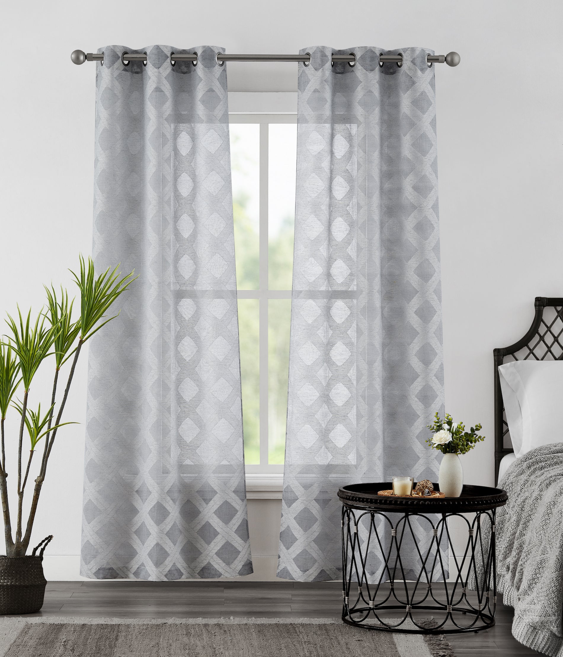 Dainty Home Diamonds Boho Embossed Diamond Design Linen Look Light Filtering Grommet Panel Pair