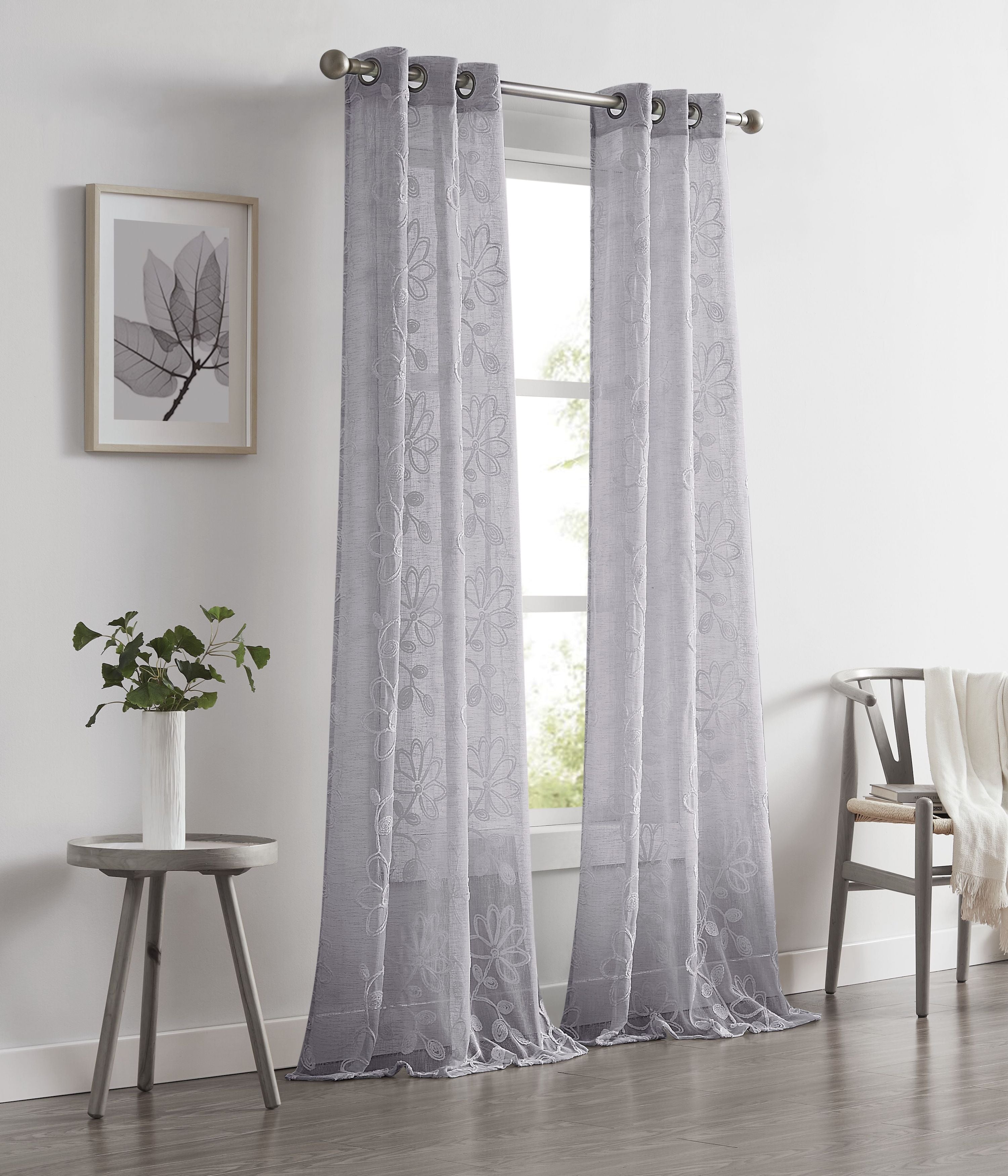 Dainty Home Rita Linen Look Boho Solid Fabric With 3D Floral Chenille Embroidery Light Filtering Grommet Panel Pair