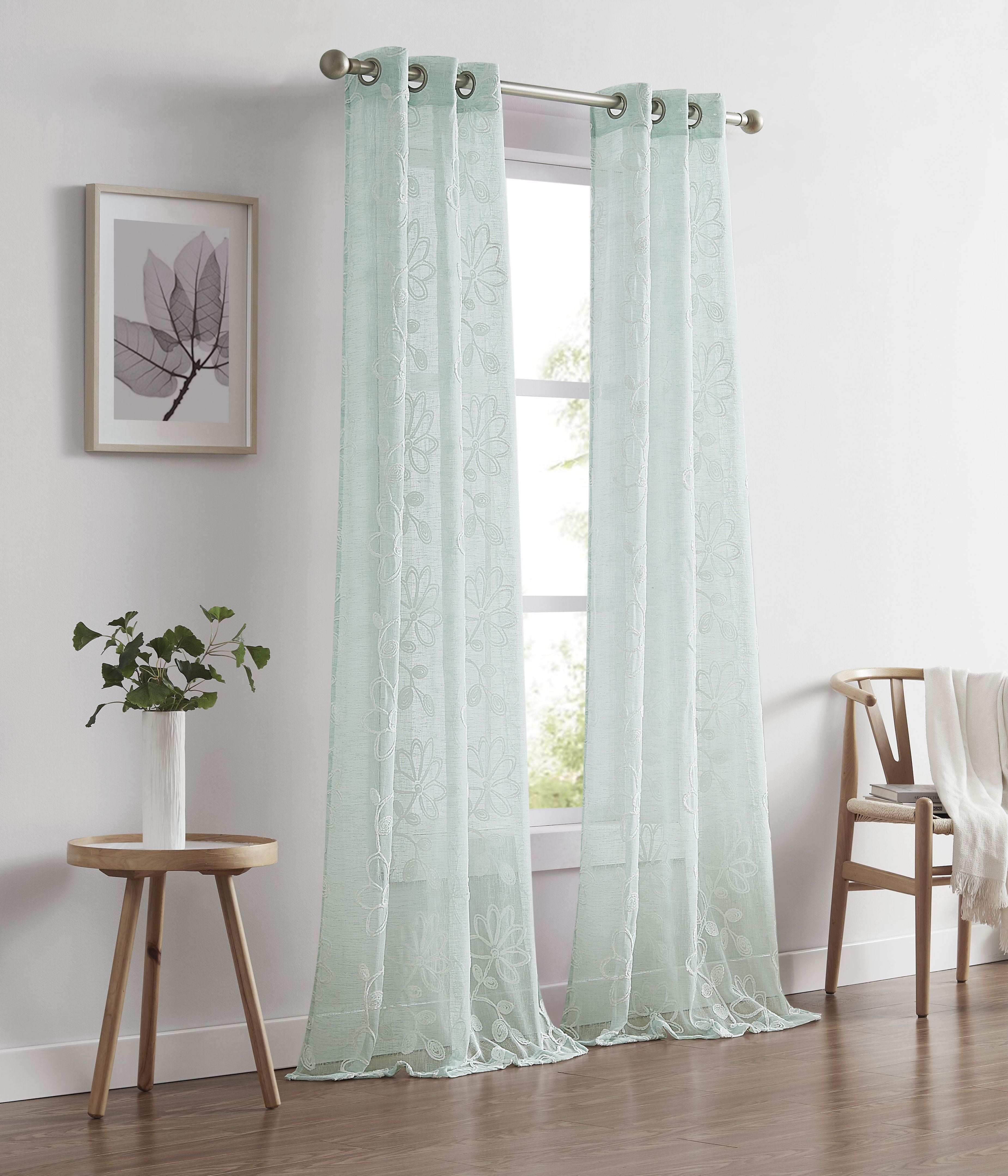 Dainty Home Rita Linen Look Boho Solid Fabric With 3D Floral Chenille Embroidery Light Filtering Grommet Panel Pair
