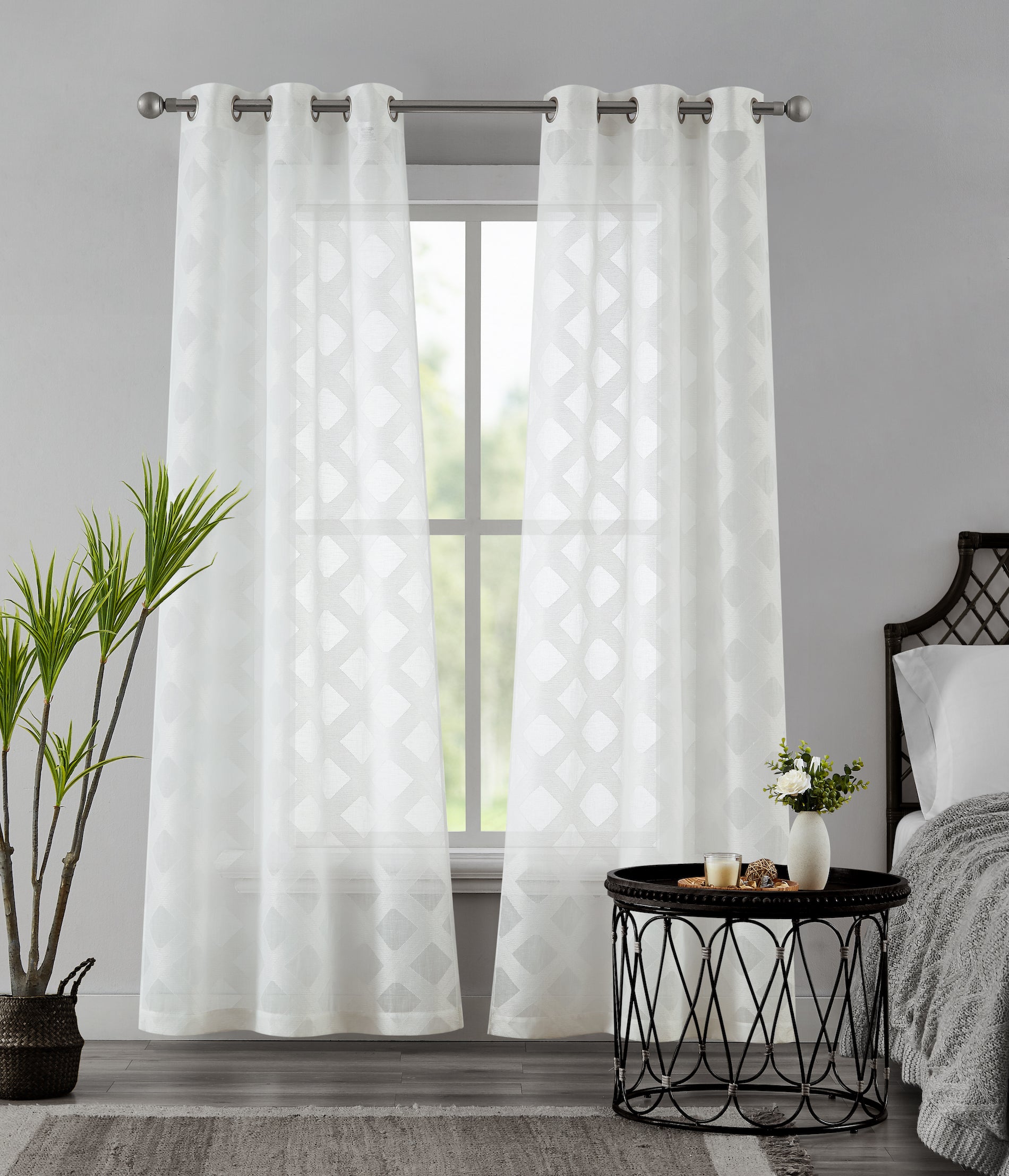 Dainty Home Diamonds Boho Embossed Diamond Design Linen Look Light Filtering Grommet Panel Pair