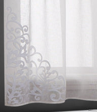 Load image into Gallery viewer, Dainty Home Natalie Boho Linen Look Fabric With 3D Applique Velvet Scroll Designed Kitchen Curtain Set, 1 Valance 52" x 18" and 2 Tiers 26" x 36"