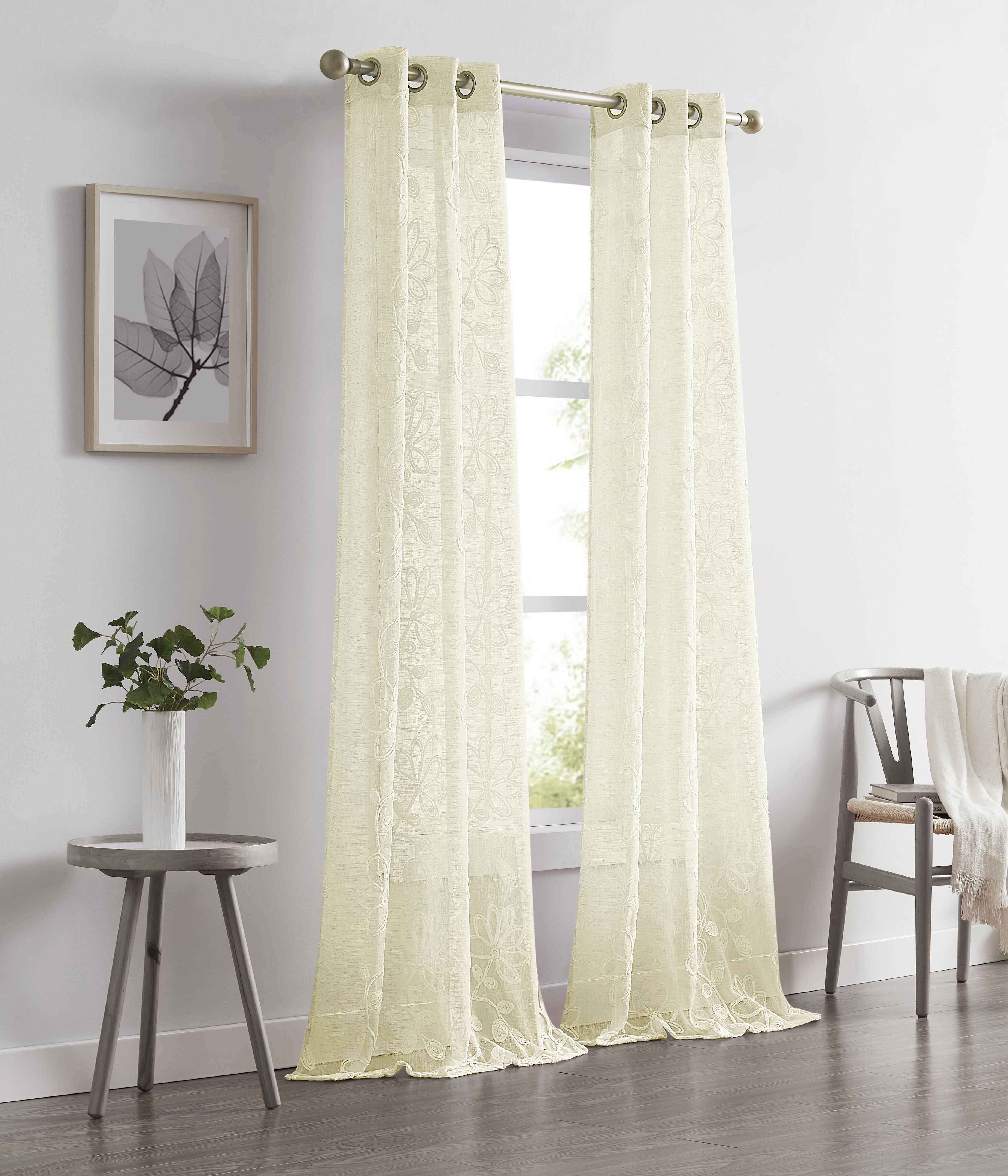 Dainty Home Rita Linen Look Boho Solid Fabric With 3D Floral Chenille Embroidery Light Filtering Grommet Panel Pair