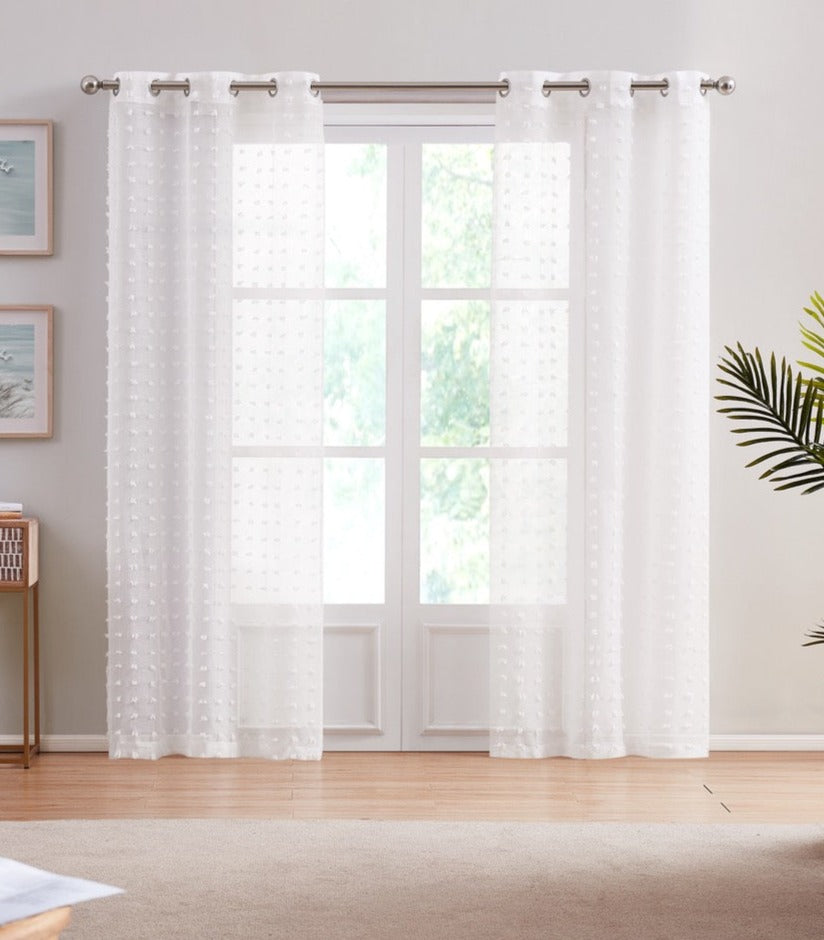 Dainty Home Cut Flower Linen Look Light Filtering Panel Pair With 3D Cotton Like Flower Puffs