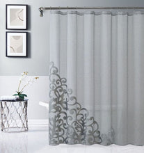 Load image into Gallery viewer, Dainty Home Natalie 3D Solid Linen Look Textured Scroll Velvet Appliqué Designed Fabric Shower Curtain
