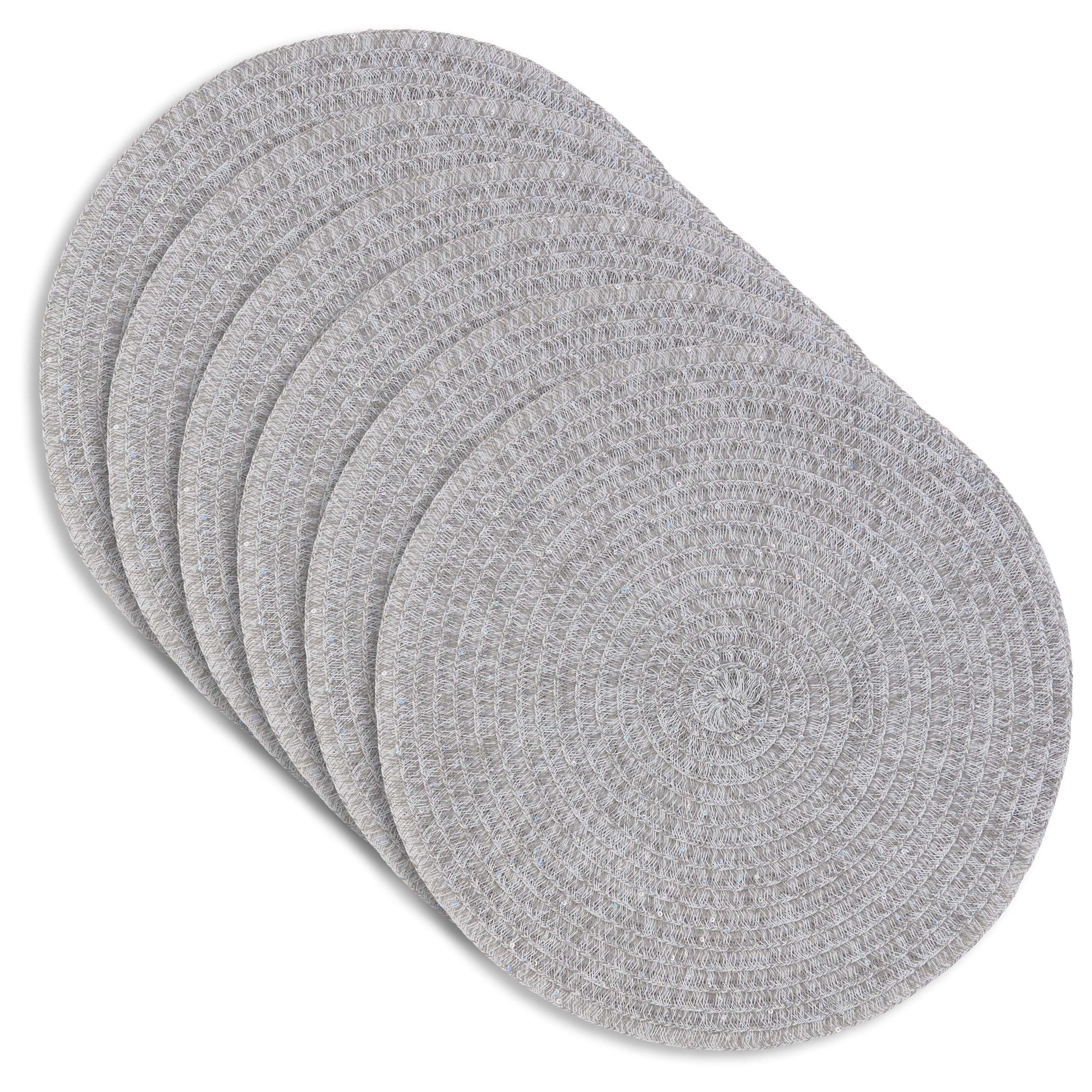 Dainty Home Starlight 15" Round Woven Placemats with Sequin Detail, Set of 6 – Durable & Reversible