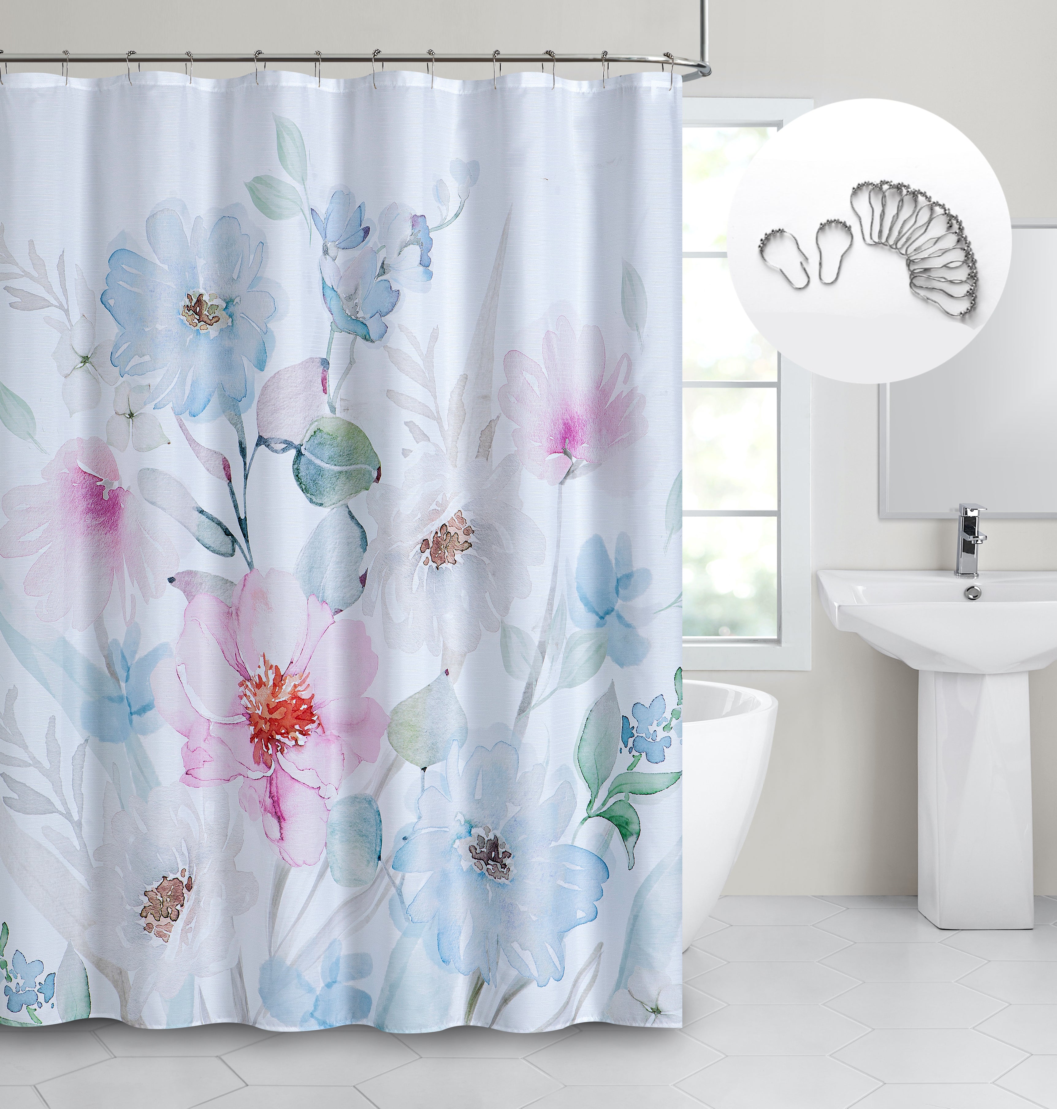 Dainty Home Spring Bloom 3D Textured Fabric Shower Curtain with 12 Metal Rollerball Hooks, 70" x 72"