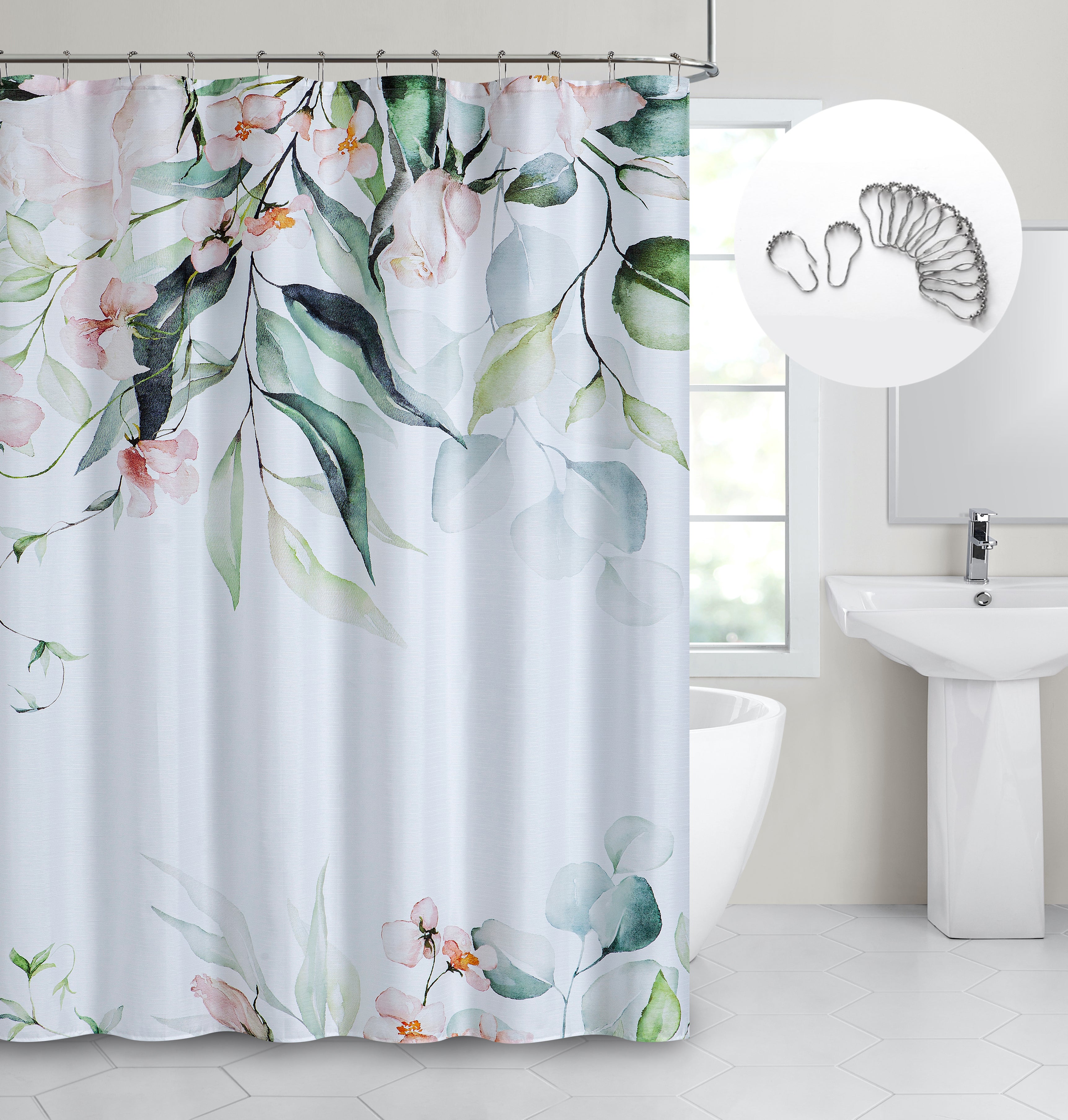 Dainty Home Florals 3D Textured Fabric Shower Curtain with 12 Metal Rollerball Hooks, 70" x 72"