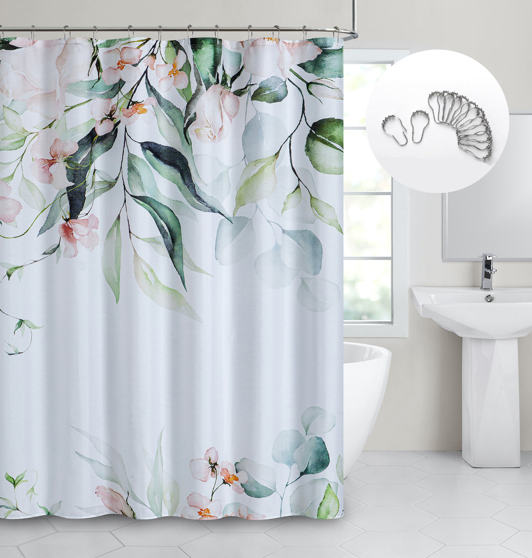 Dainty Home Florals 3D Textured Fabric Shower Curtain with 12 Metal Rollerball Hooks, 70