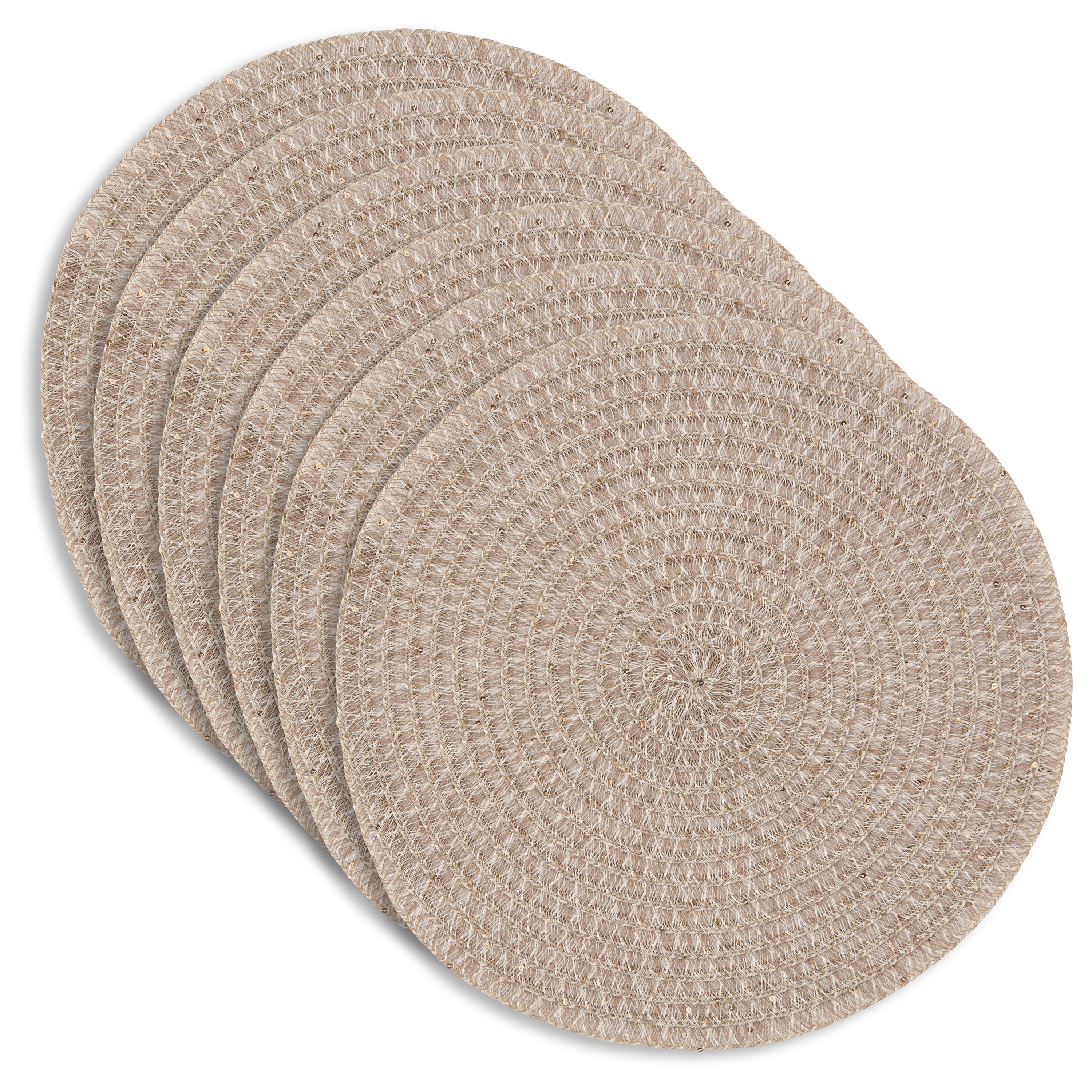 Dainty Home Starlight 15" Round Woven Placemats with Sequin Detail, Set of 6 – Durable & Reversible