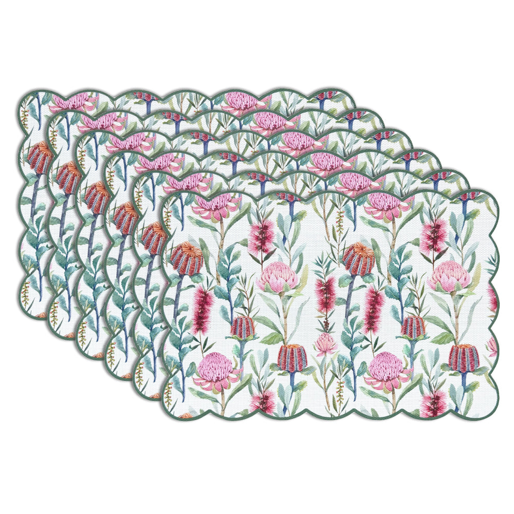 Dainty Home Garden Bloom Woven Vinyl Scalloped Border Rectangular Placemat Set Of 6 13" x 19"