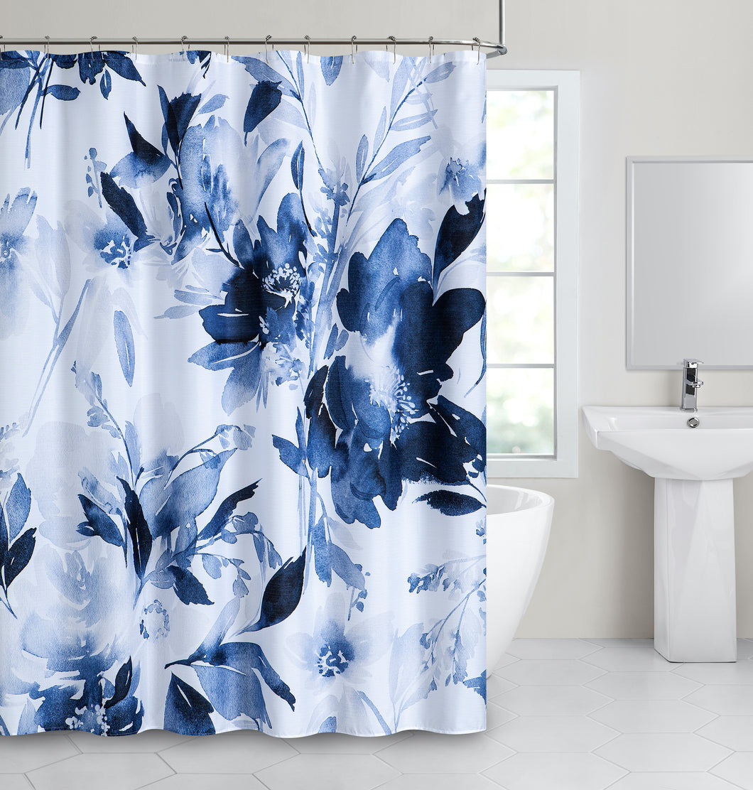 Dainty Home Blue Florals Printed Fabric 3D Designed Textured Fabric Shower Curtain 70