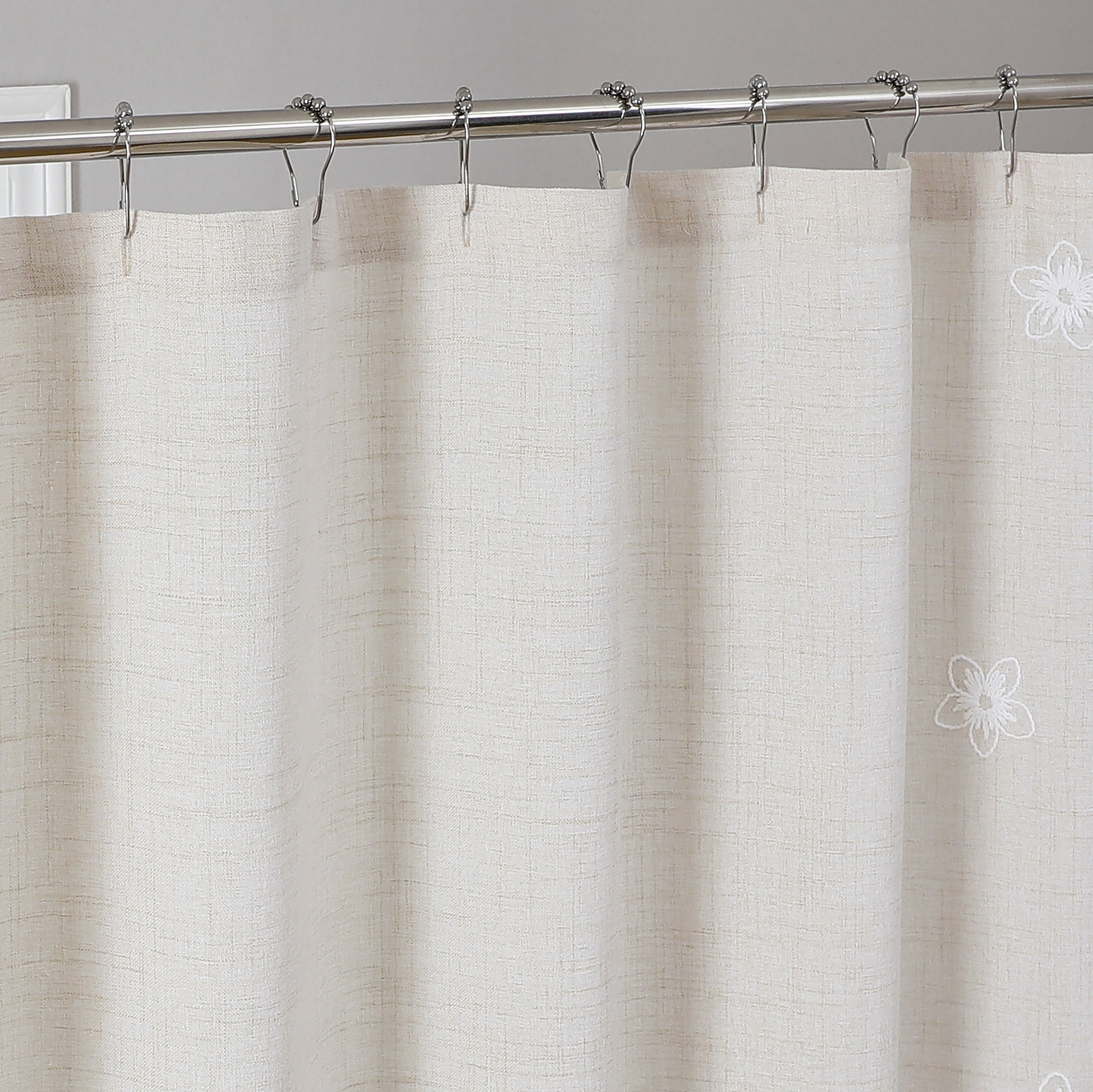 Dainty Home Ophelia Floral Scalloped Embroidered Textured Soft Linen Textured Fabric Shower Curtain, 72" x 72"