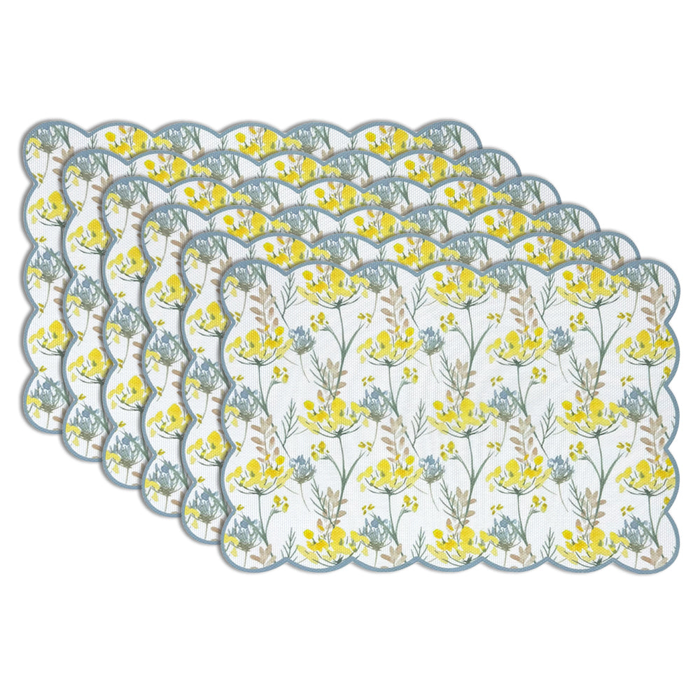 Dainty Home Floral Woven Vinyl Scalloped Border Rectangular Placemat Set Of 6 13" x 19"