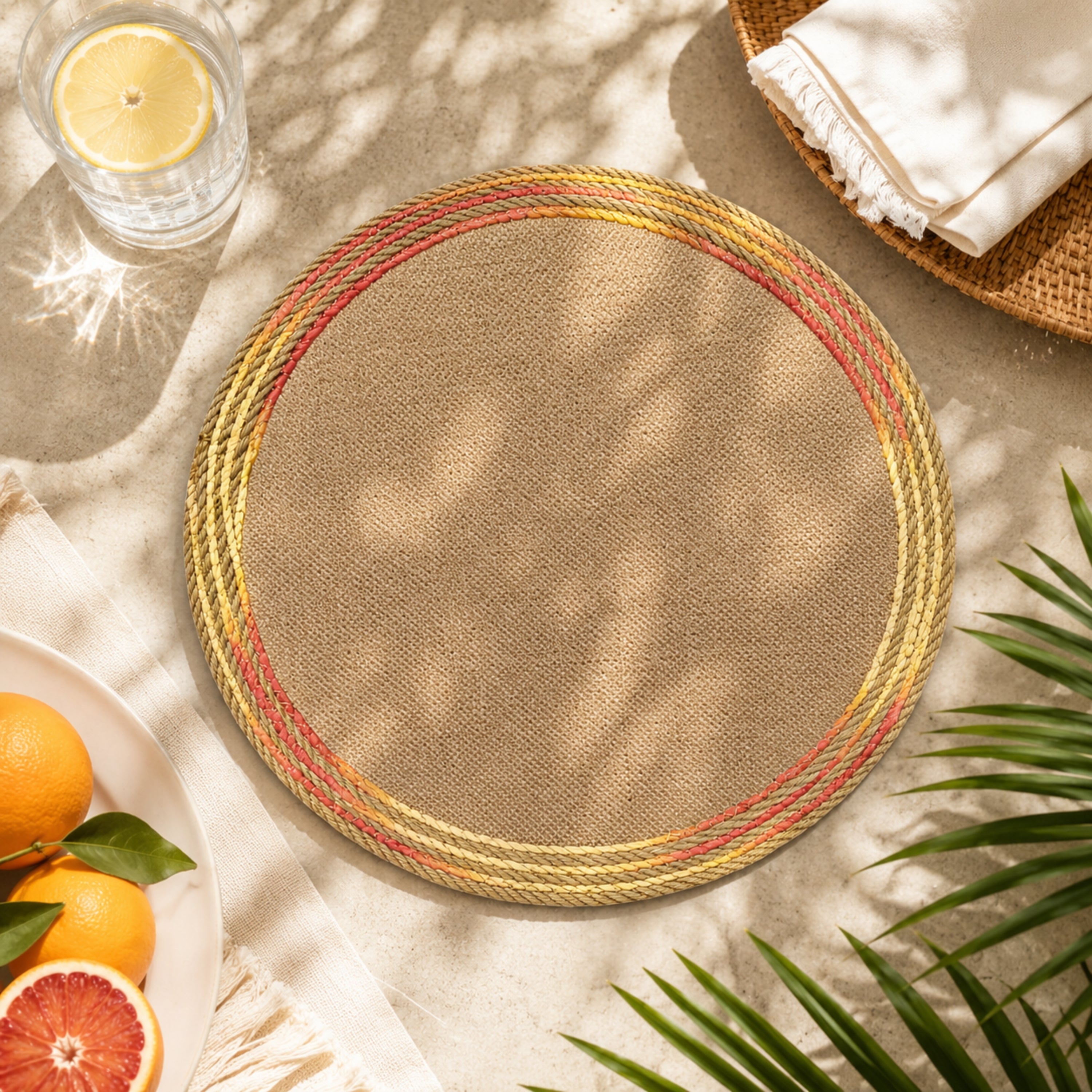 Dainty Home Key West 15" Round Natural Jute Multicolor Placemats Set of 4 - Durable Table Mat