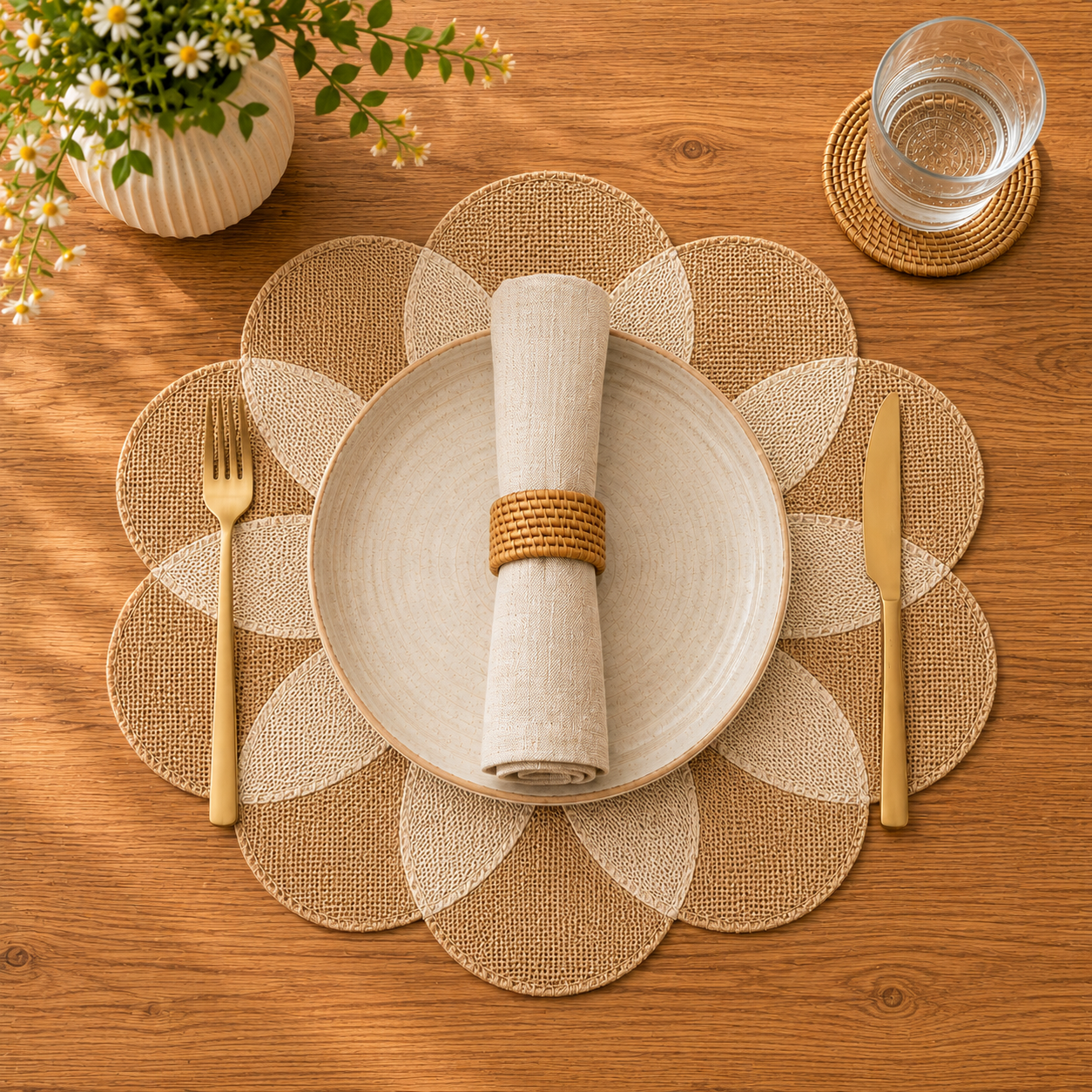 Dainty Home Maui 15" Flower Shaped Natural Jute and Paper Placemats Set of 4 - Durable Table Mats