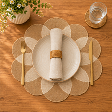 Load image into Gallery viewer, Dainty Home Maui 15" Flower Shaped Natural Jute and Paper Placemats Set of 4 - Durable Table Mats

