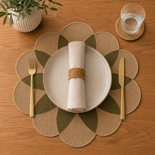 Load image into Gallery viewer, Dainty Home Maui 15" Flower Shaped Natural Jute and Paper Placemats Set of 4 - Durable Table Mats
