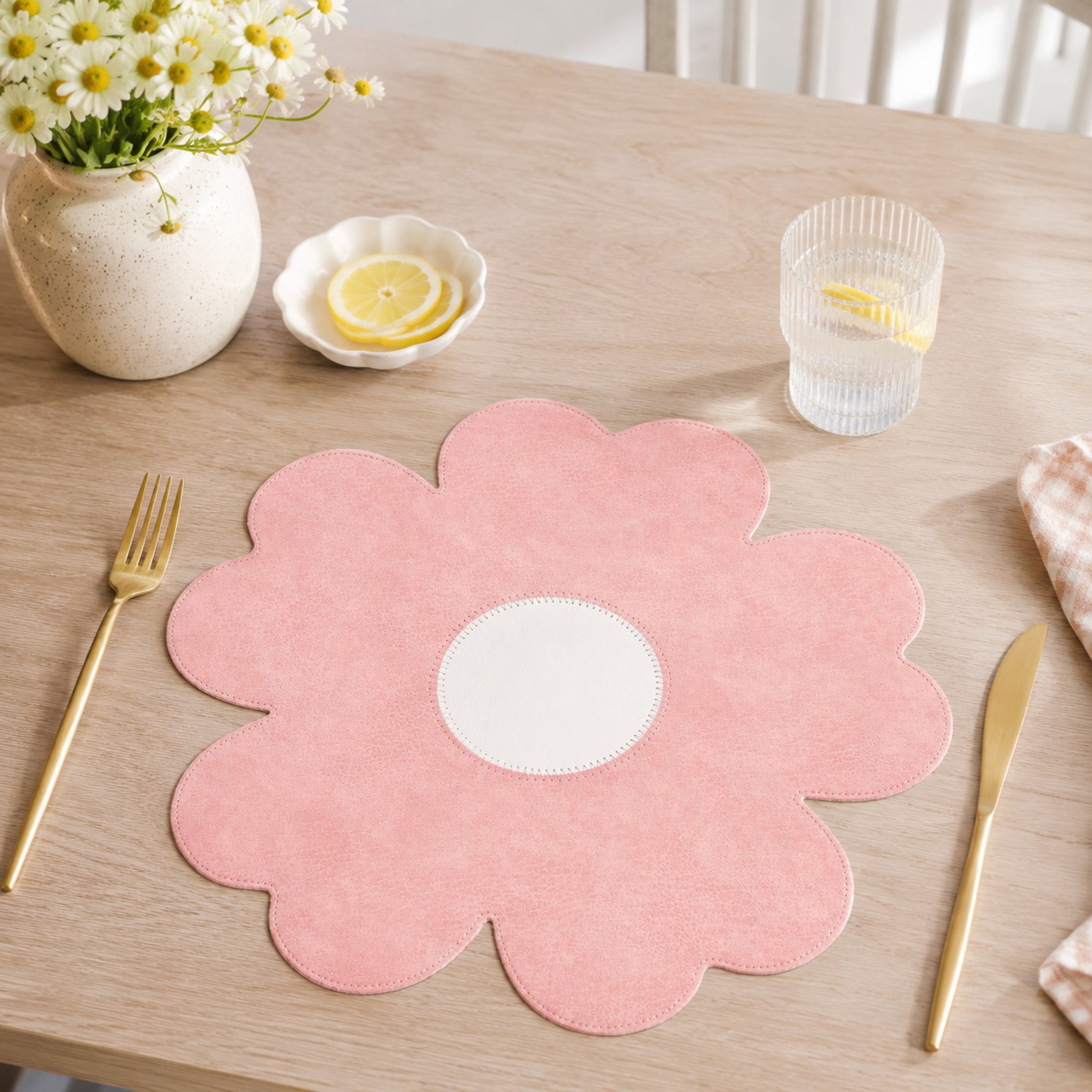 Dainty Home Shaped Flower Reversible Premium Faux Leather 15" Flower Shaped Placemats Set of 4