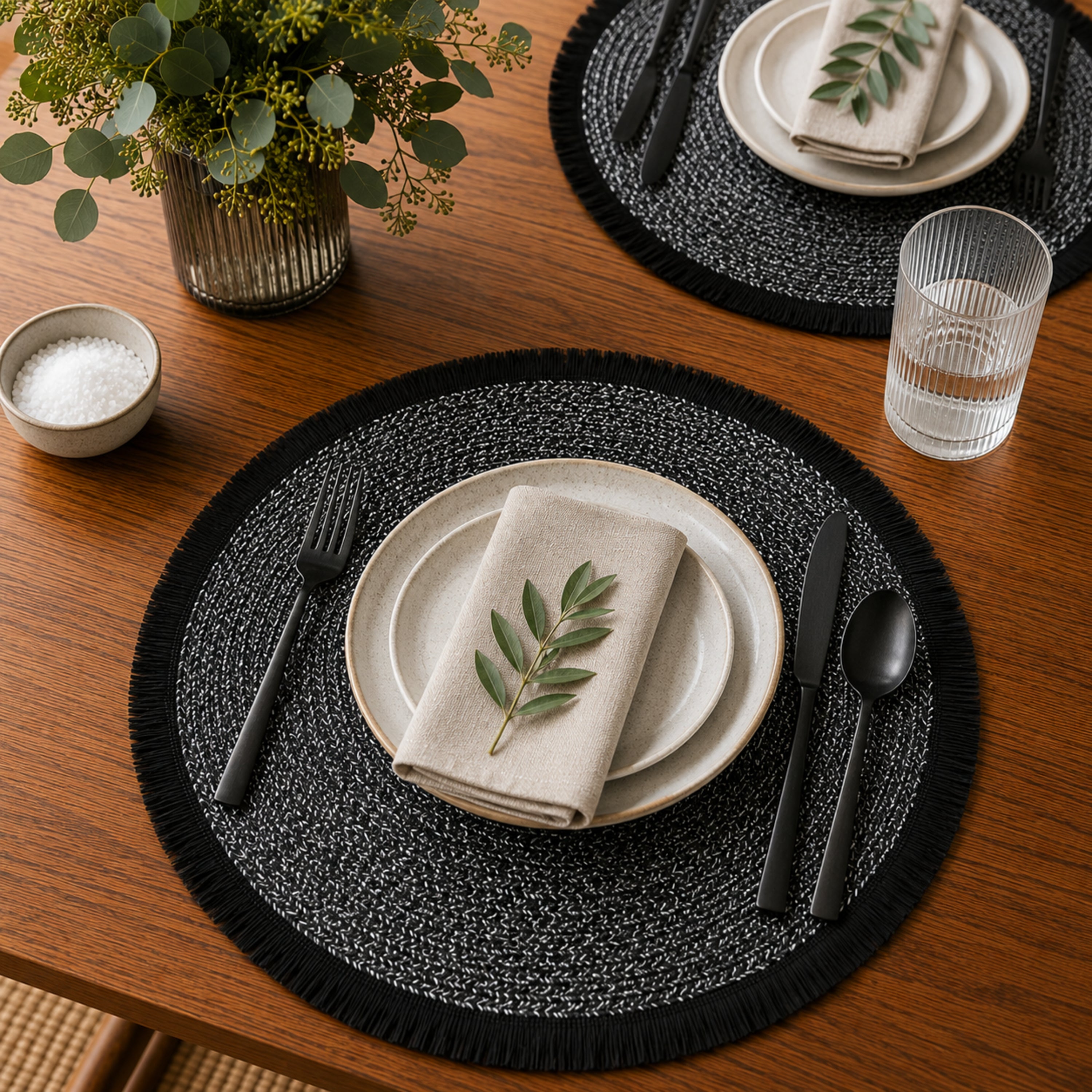 Dainty Home Tijuana 15" Round Woven Placemats with Fringe Detail, Set of 4 – Durable & Reversible