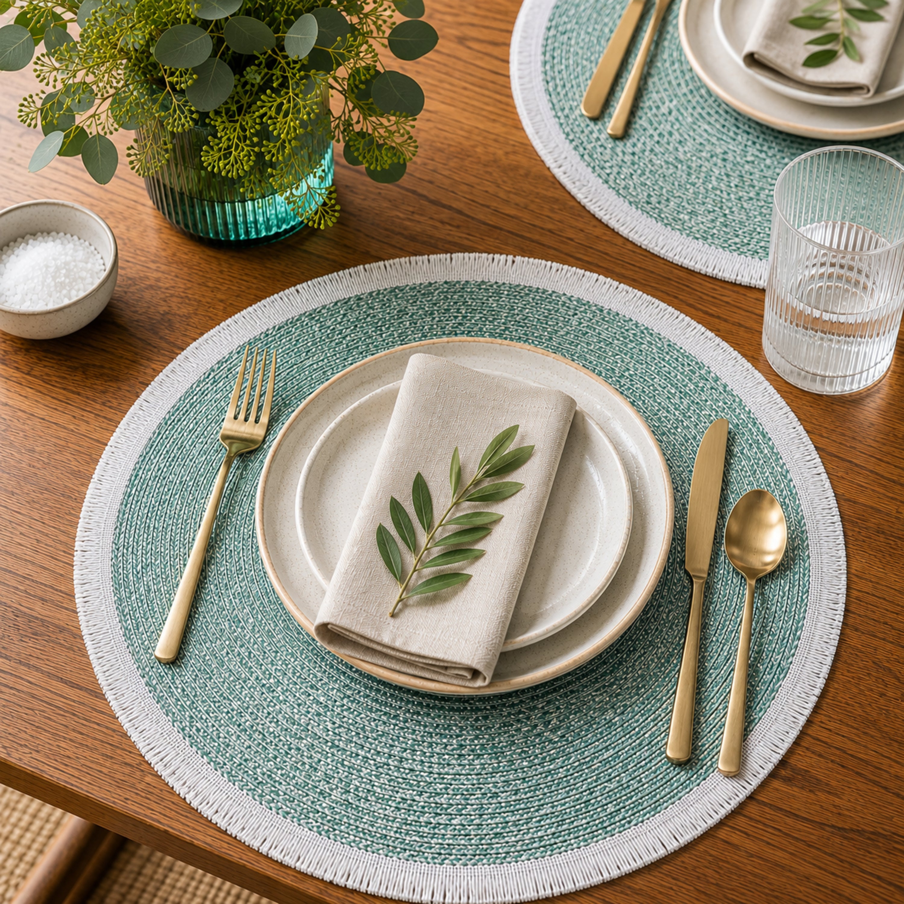 Dainty Home Tijuana 15" Round Woven Placemats with Fringe Detail, Set of 4 – Durable & Reversible
