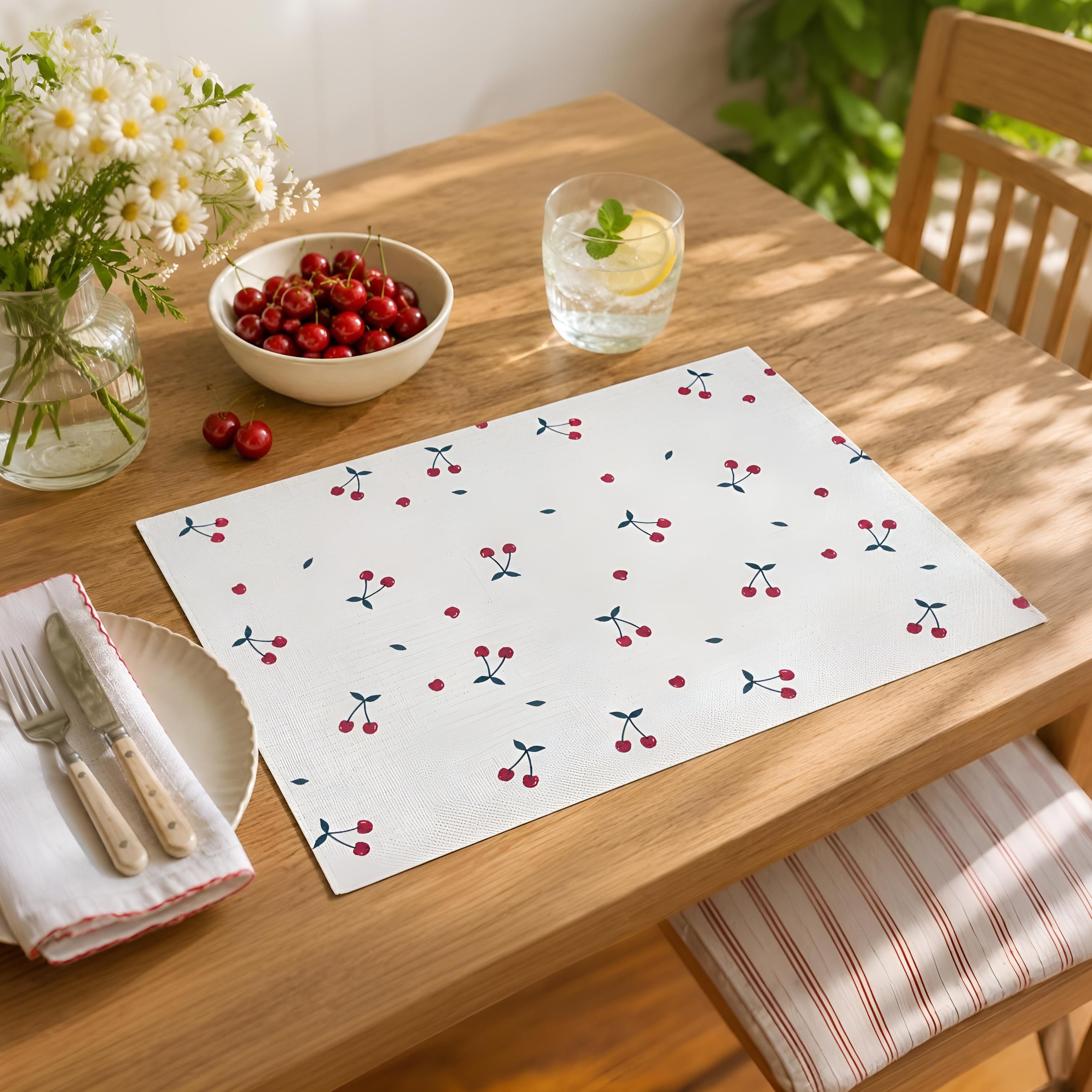 Dainty Home Cherry Woven Vinyl Rectangular Placemat Set of 6, Waterproof Easy Clean Summer Placemats