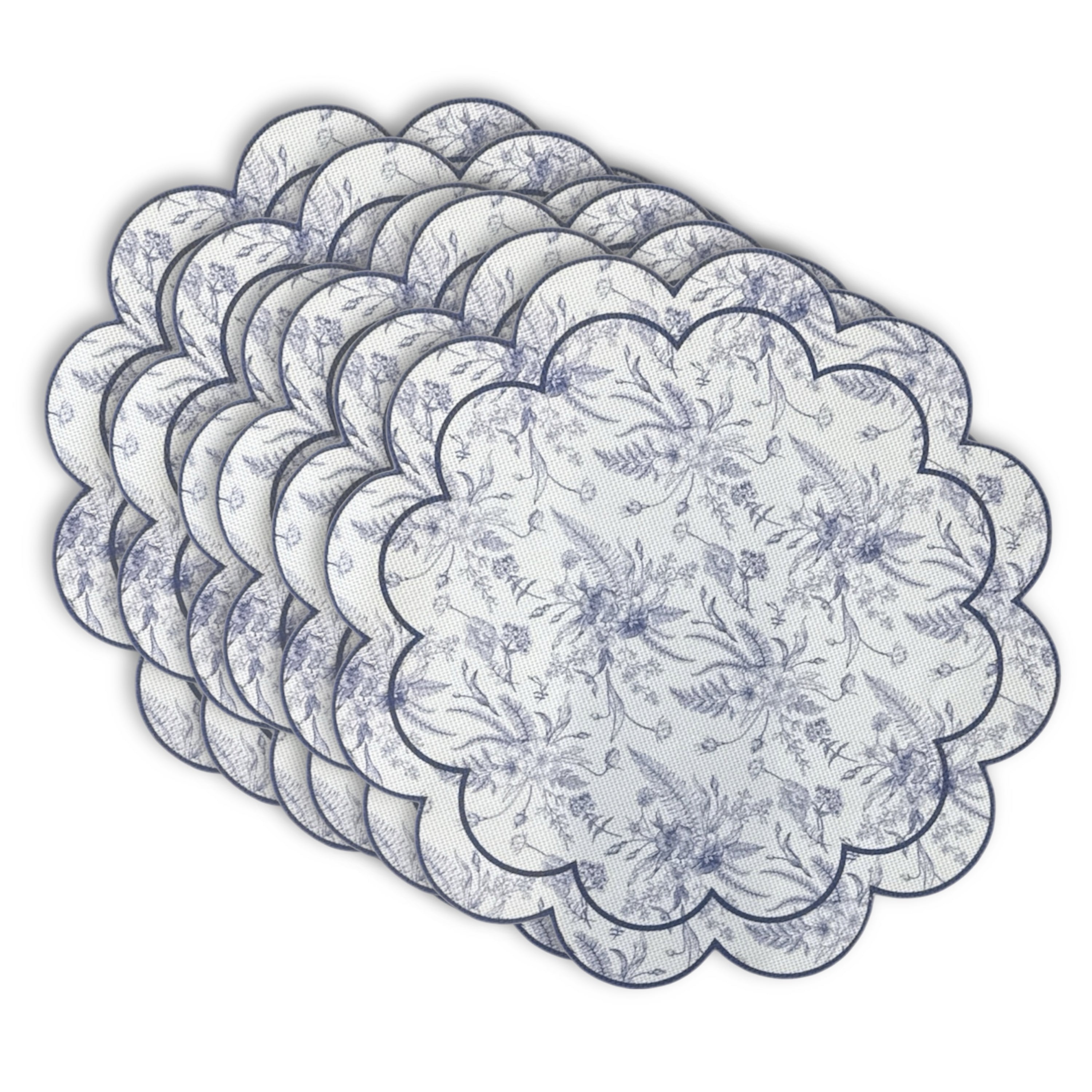 Dainty Home Botanical Bliss Vinyl Round Placemat Set of 6, Waterproof Easy Clean Scalloped Placemats