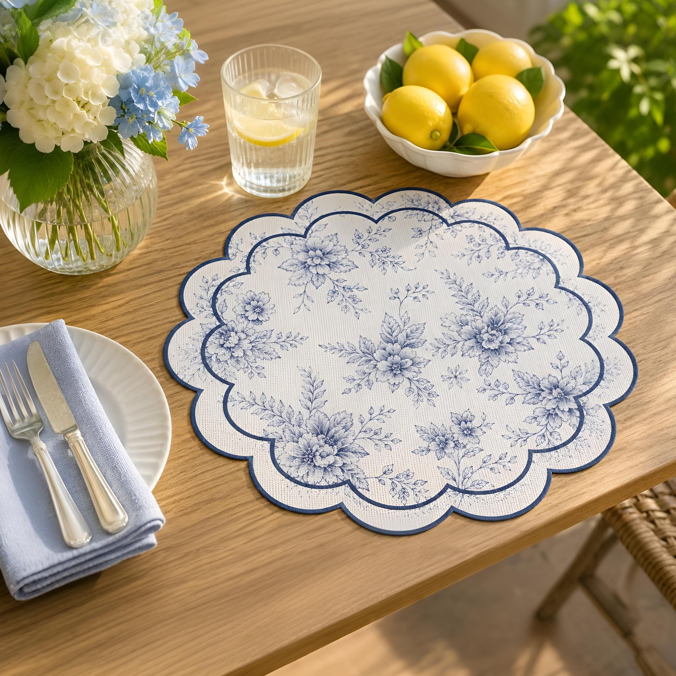 Dainty Home Botanical Bliss Vinyl Round Placemat Set of 6, Waterproof Easy Clean Scalloped Placemats
