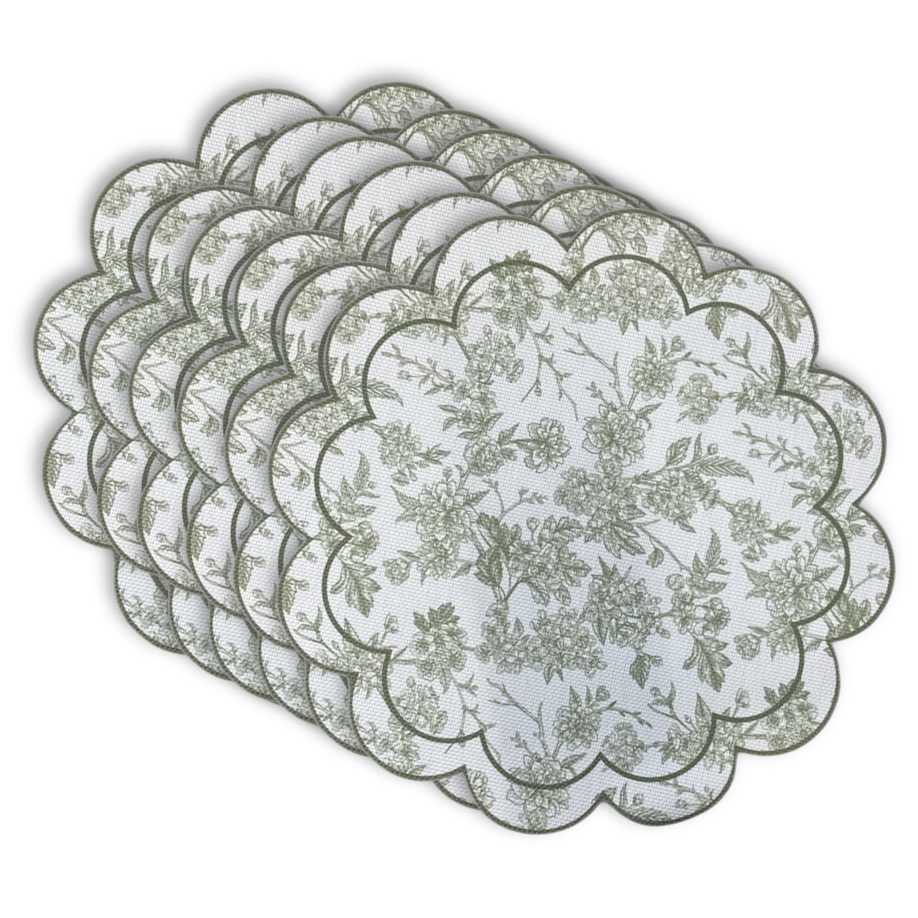 Dainty Home Botanical Bliss Vinyl Round Placemat Set of 6, Waterproof Easy Clean Scalloped Placemats