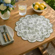 Load image into Gallery viewer, Dainty Home Botanical Bliss Vinyl Round Placemat Set of 6, Waterproof Easy Clean Scalloped Placemats
