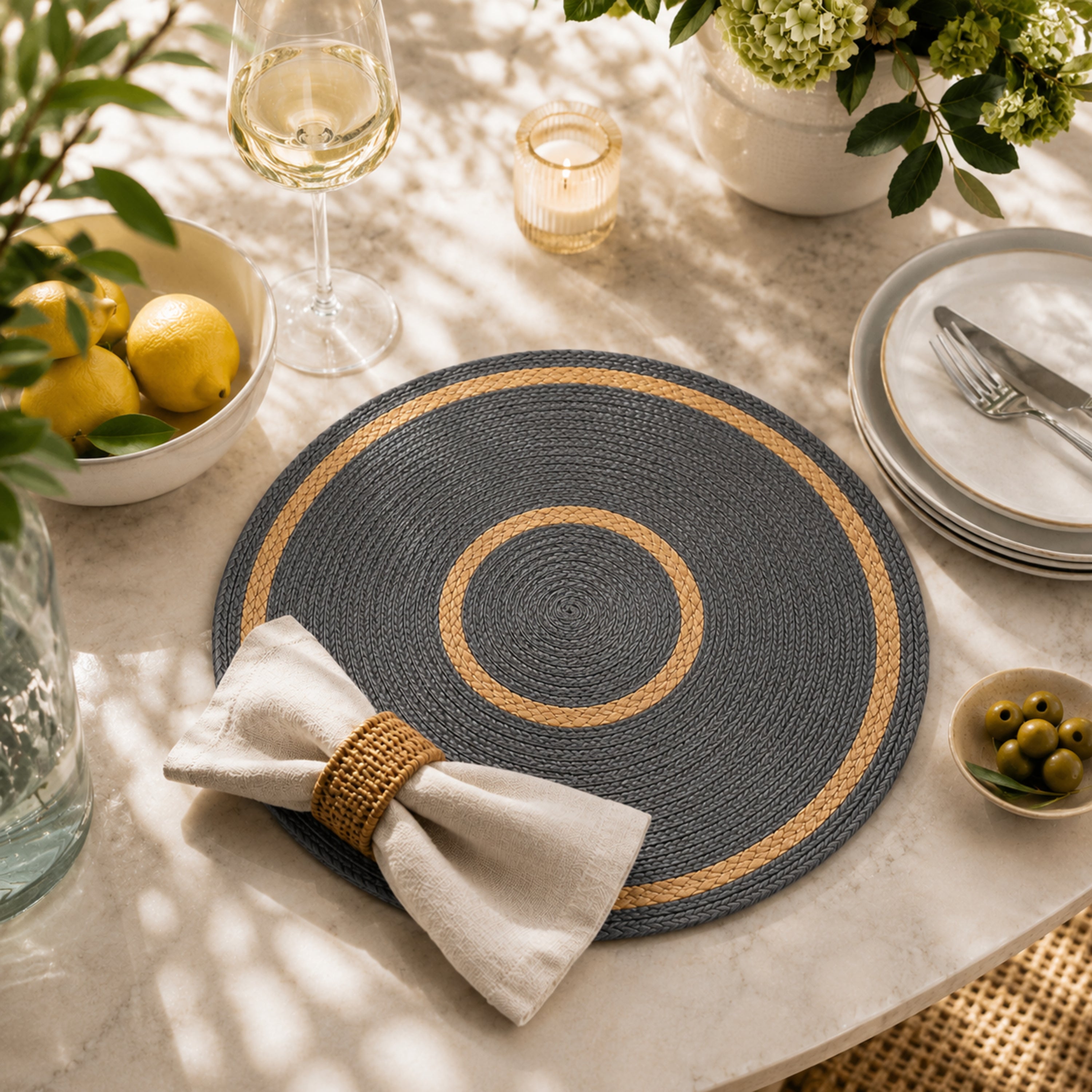 Dainty Home Phoenix 15" Round Natural Jute and Polypropylene Placemats Set of 6 - Durable Table Mats