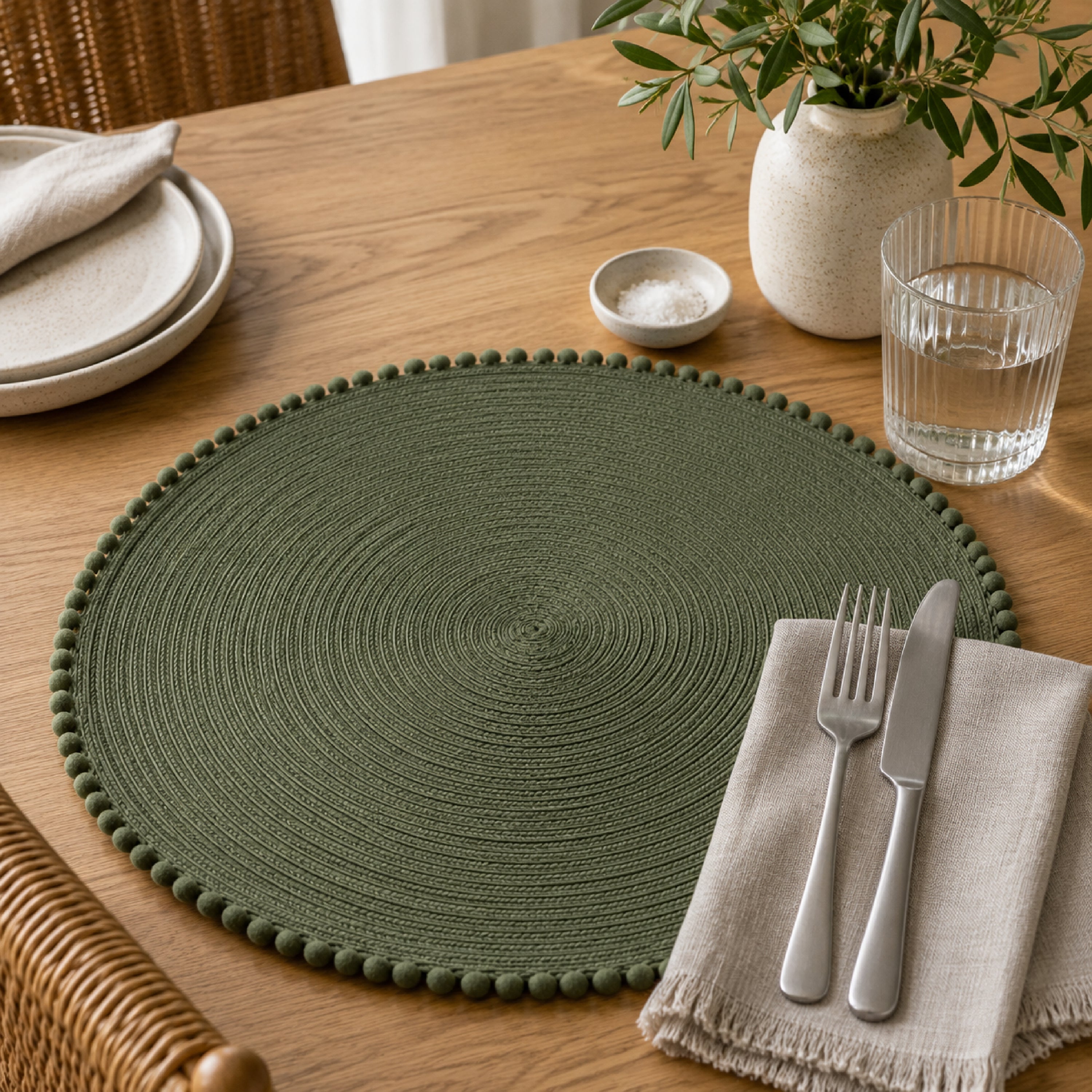 Dainty Home Pom Pom 15" Round Woven Placemats Set of 6 - Durable, Reversible & Non-Slip Table Mats