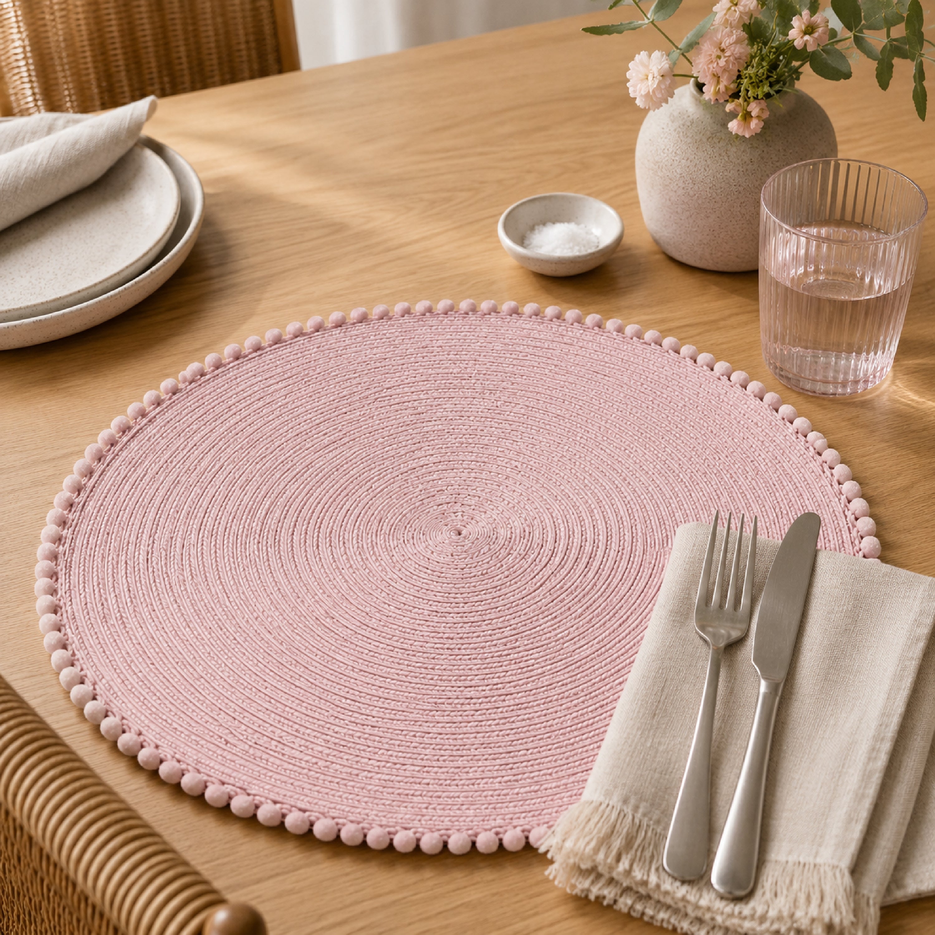 Dainty Home Pom Pom 15" Round Woven Placemats Set of 6 - Durable, Reversible & Non-Slip Table Mats
