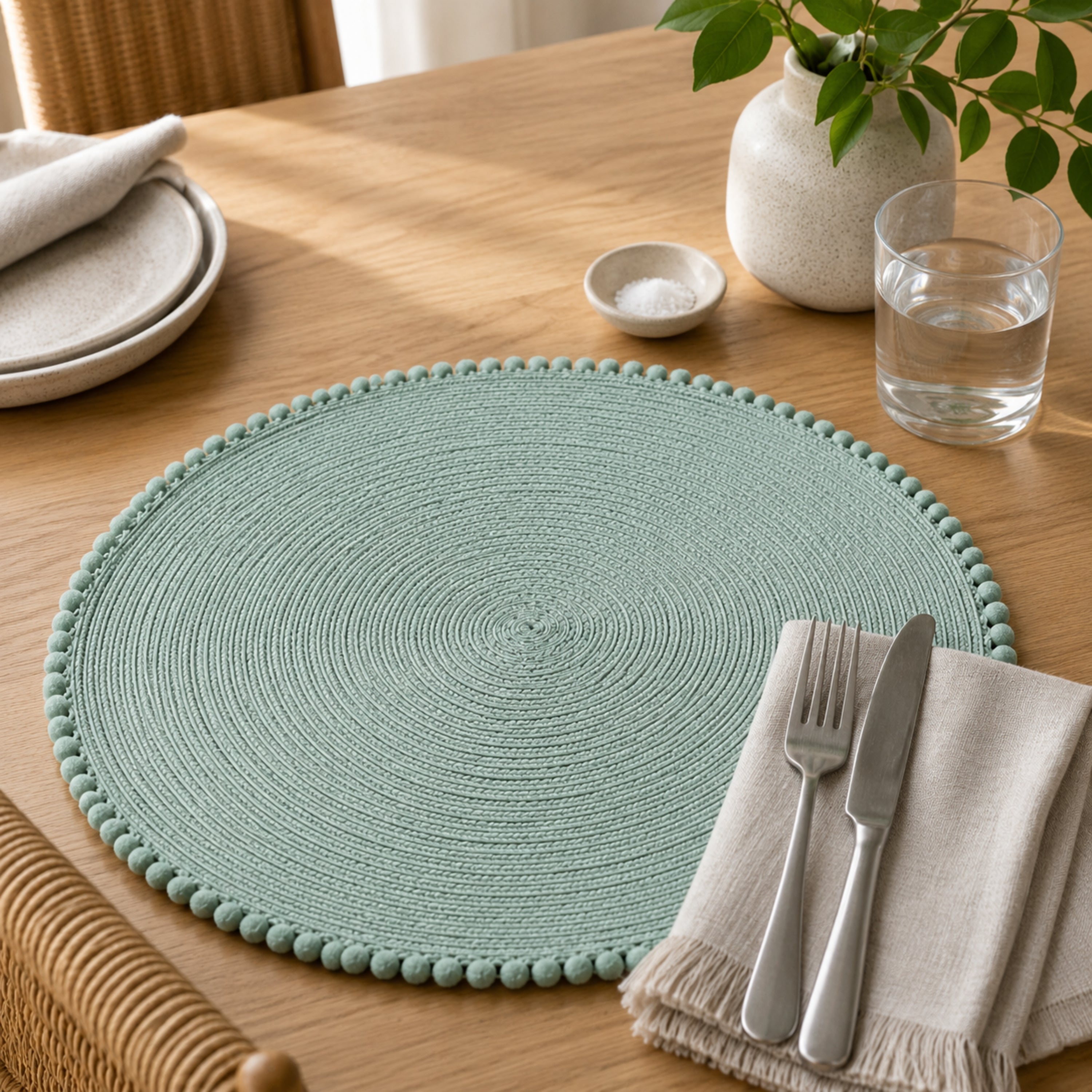 Dainty Home Pom Pom 15" Round Woven Placemats Set of 6 - Durable, Reversible & Non-Slip Table Mats